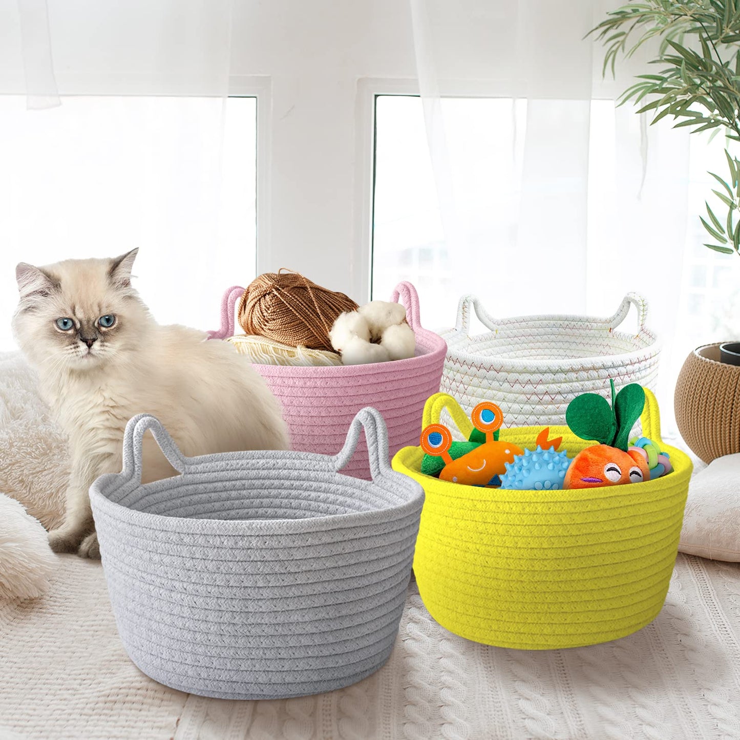 Cafshion - Cesta pequeña para orejas de gato, organizador de cuerda de algodón tela con asas, cubeta decorativo para guardería y caja para bebé, almacenamiento de juguetes para mascotas
