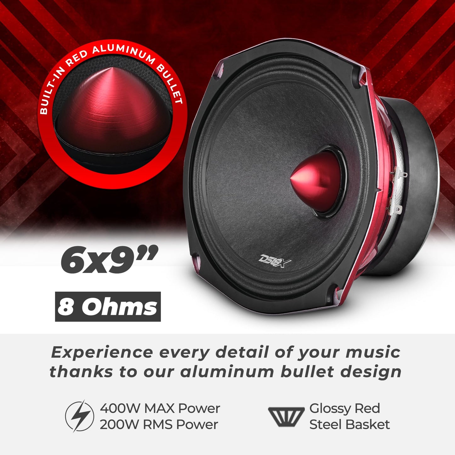 DS18 PRO-X698 BM - Altavoz de 6 x 9, rango medio, bala de aluminio rojo, 400 W máximo, 200 W RMS, 8 ohmios - Altavoces de puerta de audio de calidad premium para coche, camión y motocicleta sistema de