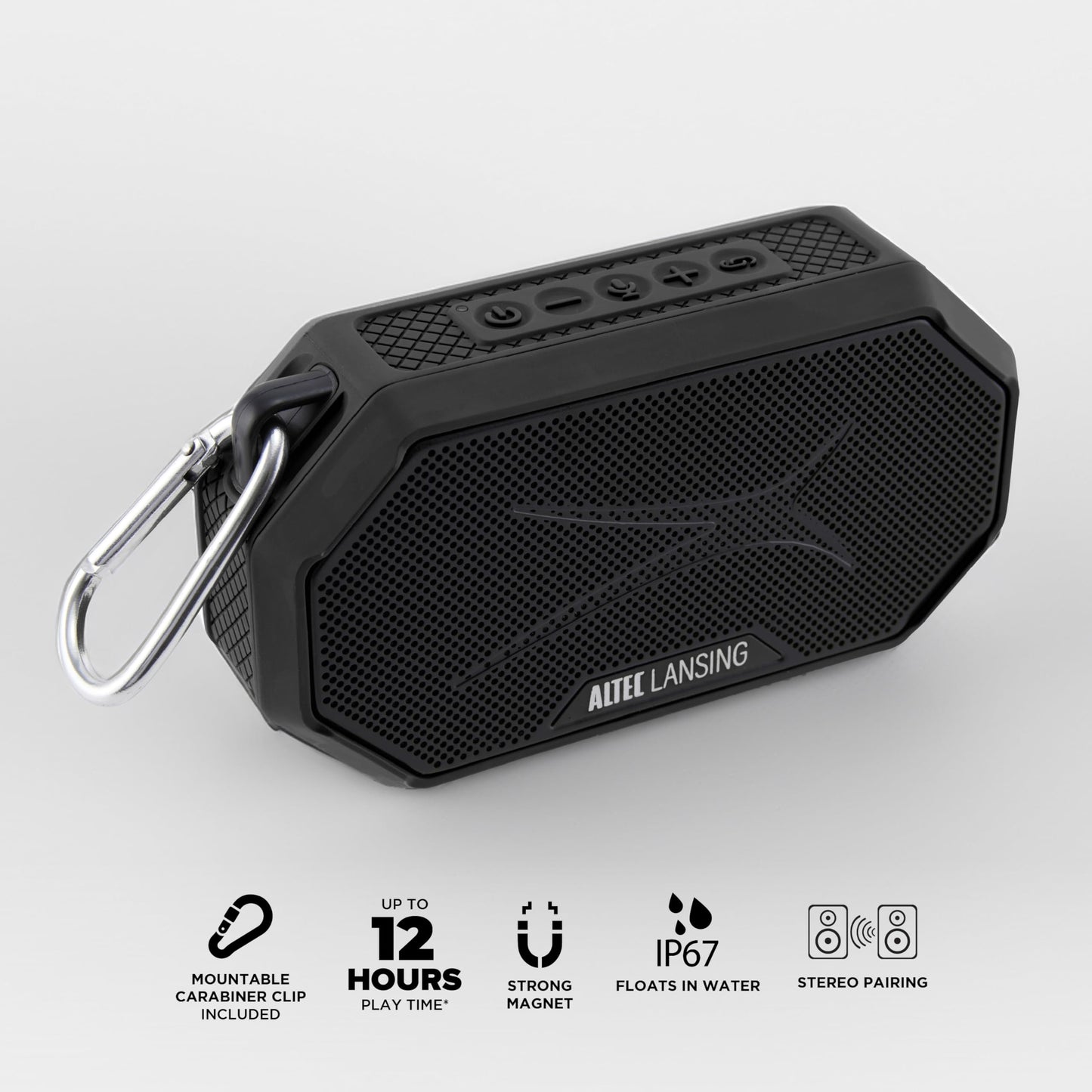 Altec Lansing - Altavoz Bluetooth portátil HYDRAMINI 2.0, IP67 impermeable, altavoz portátil, tiempo de reproducción de 12 horas, emparejamiento inalámbrico, carga rápida USB-C, Bluetooth magnético,