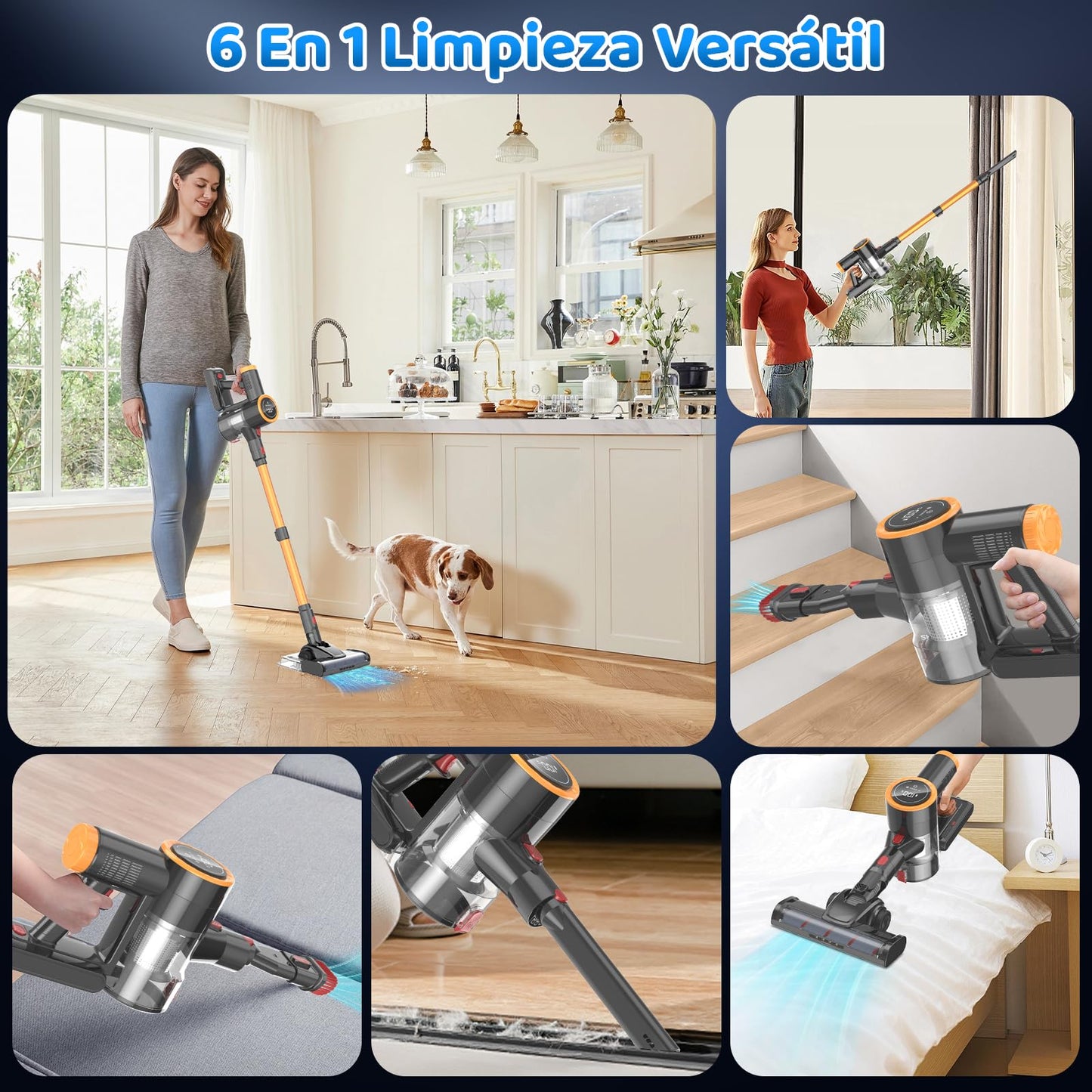 FAGHTO Aspiradora Inalambrica, Aspiradora de Mano y Vertical 2 en 1, 30KPa/350W Aspiradoras para el Hogar, Potente Succión,con Cepillo Sin Enredos,1L Taza para Polvo,para Pelo de Mascotas/Alfombra