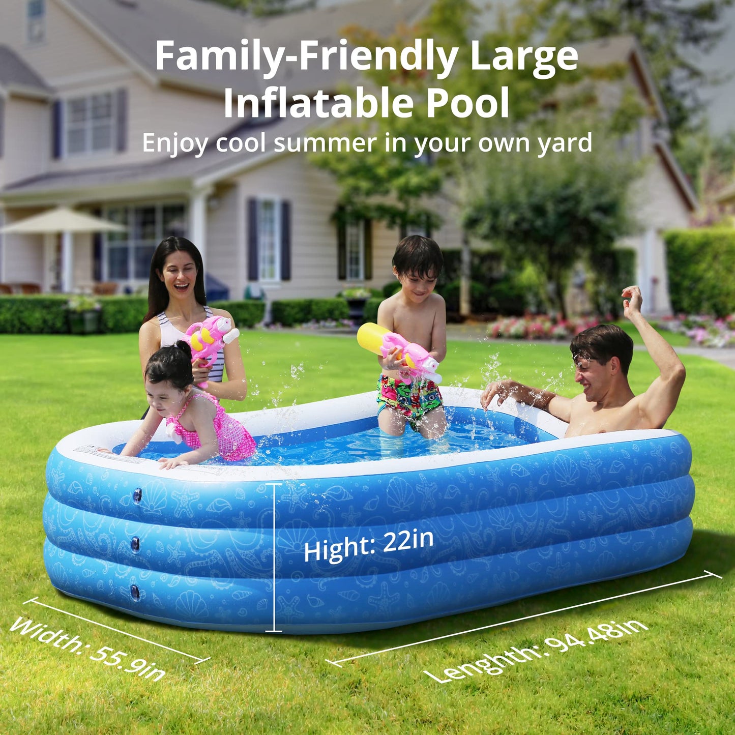 AKASO Piscina Inflable, 94.5 x 56 x 22 Pulgadas, Piscina Inflable para niños, Piscina Familiar para niños y Adultos, niños pequeños, al Aire última intervensión, jardín, Patio Trasero