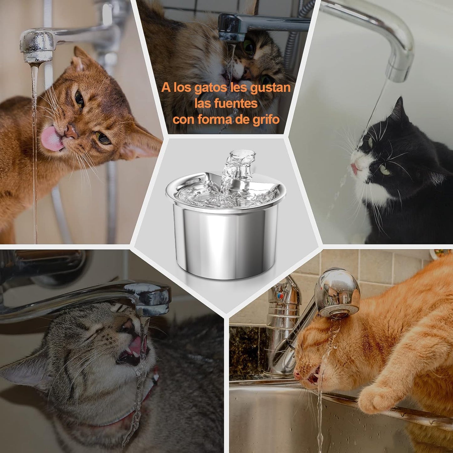 GAMAXIMA Fuente de Agua para Gato, 304 Acero Inoxidable Bebedero para Gato Perro, 68oz/2 L Fuente para Gato, Bebedero con Doble Grifo y Bomba Silenciosa para Gatos, Perros y Varias Mascotas