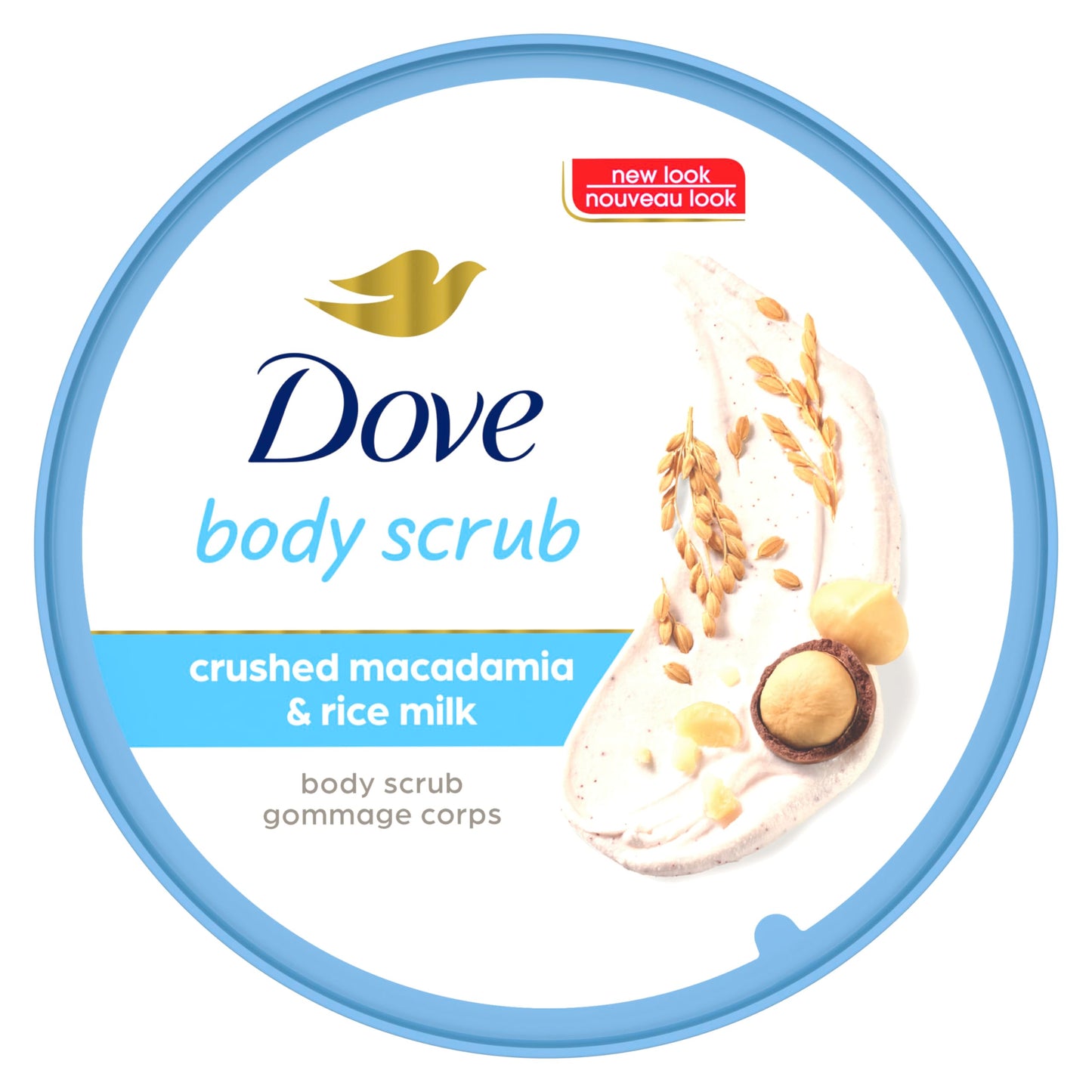 Dove, Exfoliating Body Polish, Macadamia and Rice Milk, Exfoliante Corporal, Macadamia y Leche de Arroz, Piel Suave y Nutrida, Sin Sulfatos, 298 gramos