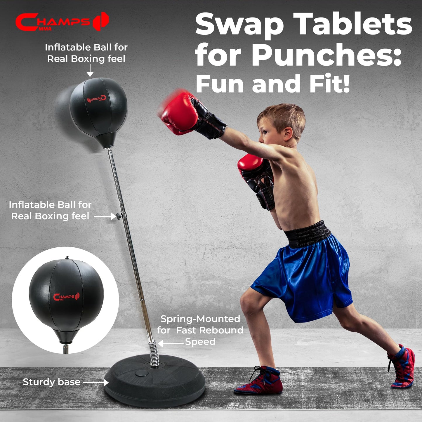 Champs MMA - Bolsa de Boxeo para niños, para niños de 6 a 16 años, Bolsa de Boxeo para niños con Soporte y Guantes, Equipo de Ejercicio para Agilidad, Kit de Entrenamiento de coordinación Ojo-Mano