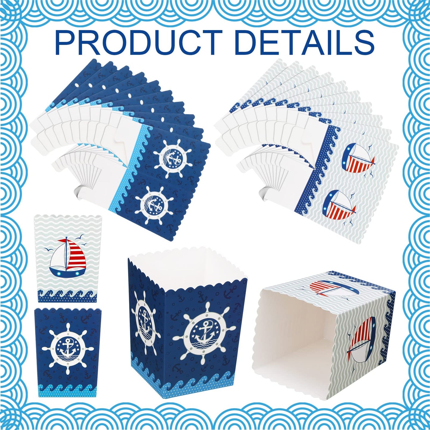 HooLing 48 cajas de palomitas de maíz marinero para crucero, decoración náutica para fiestas de palomitas de maíz, cajas de regalo de papel, ancla, océano náutico, regalos para fiestas de cumpleaños,