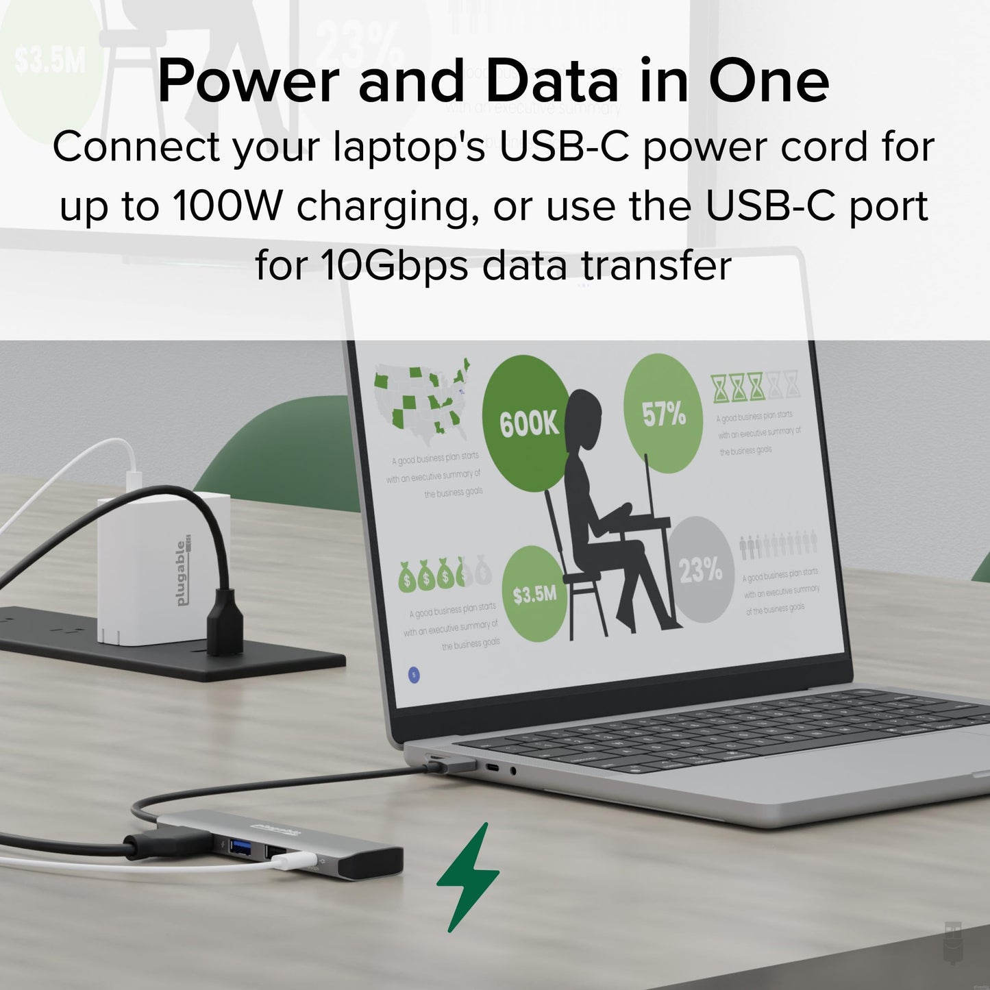 Adaptador Multipuerto USB C Plugable 100W Carga de Paso HDMI 4K 60Hz para Windows, Mac, iPad Pro y Chromebook