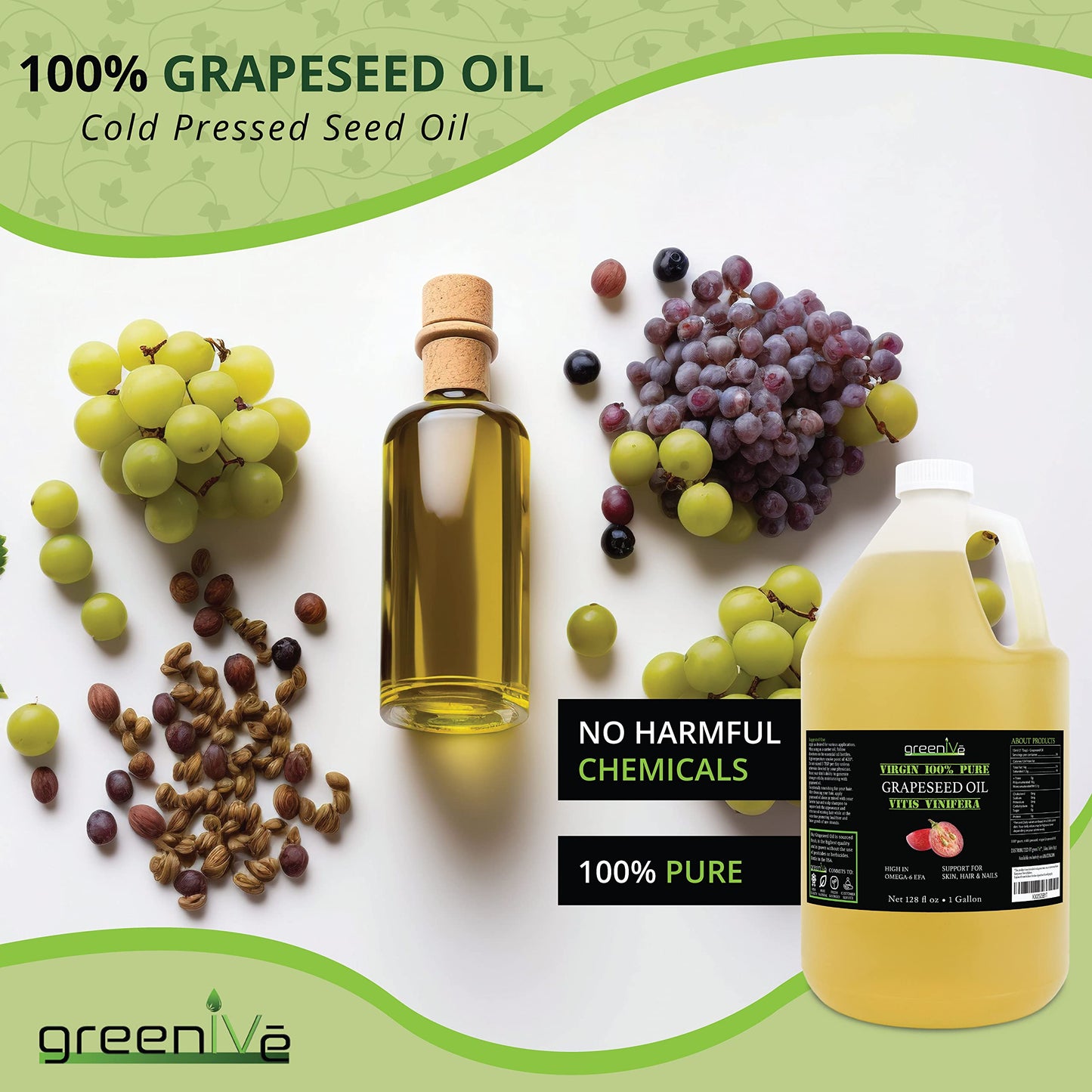 GreenIVe - Aceite de semilla de uva - Aceite de semilla de uva prensado en frío 100% puro - Exclusivamente en Amazon (128 onzas (1 galón))