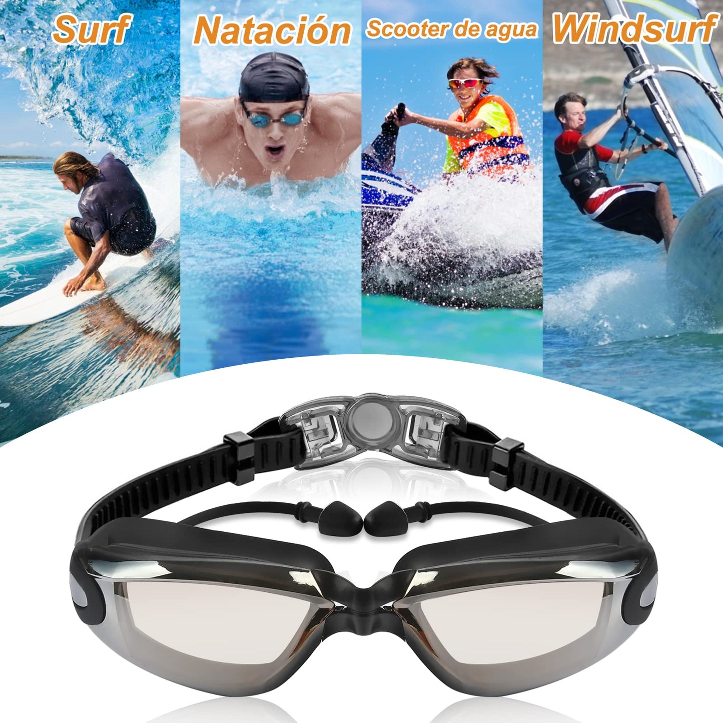 Gafas de Natación, Kit de Natación 5 en 1, Incluye Gafas de Natación, Gorro de Natación, Auriculares y Clips para la Nariz, Bolsa de Natación, Adecuado para Hombres y Mujeres Adultos y Niños Azul