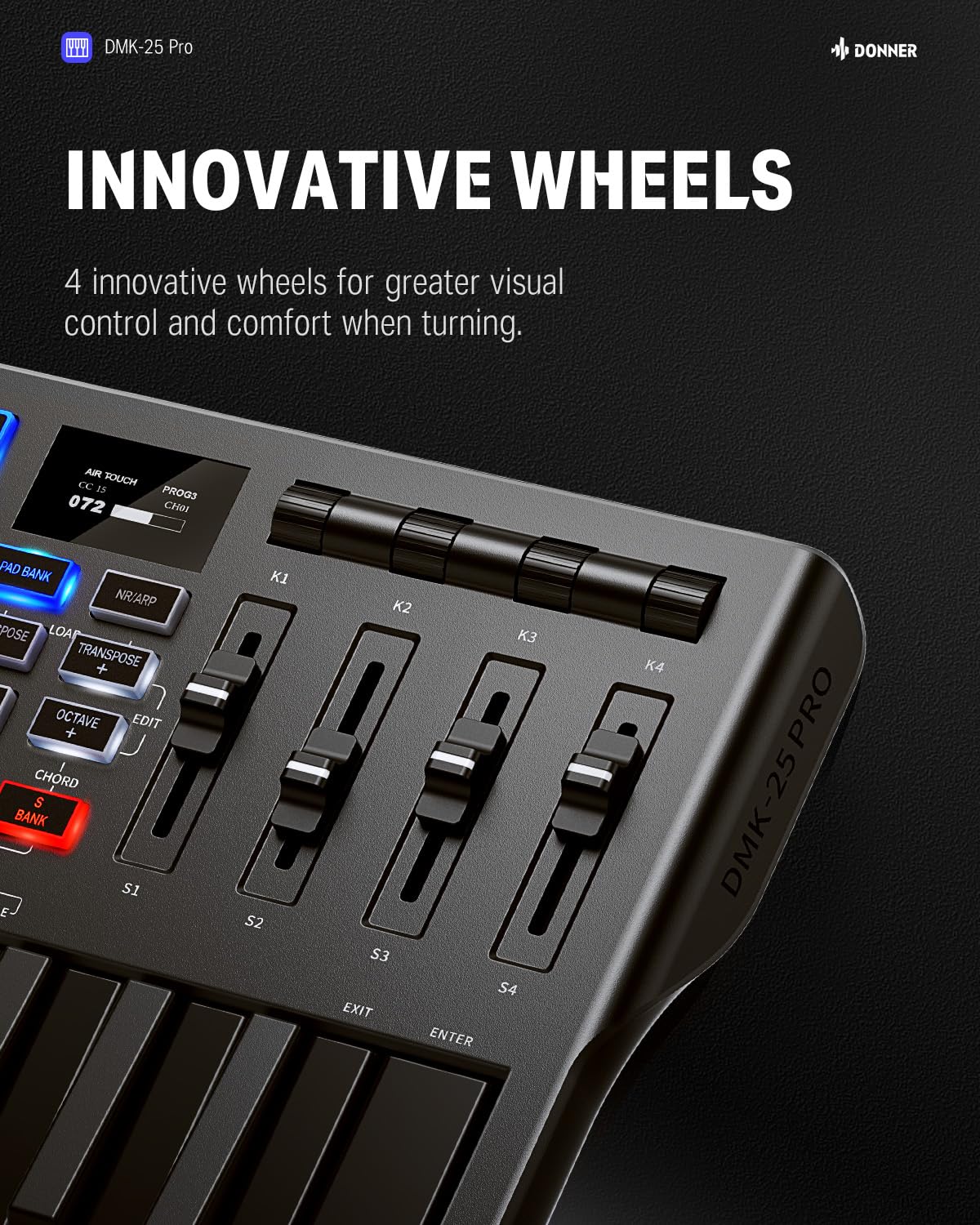 Donner driver de teclado MIDI USB-C con 25 teclas mini teclado MIDI portátil con 8 almohadillas para orejas de batería, visualización OLED, 16 escalas inteligentes, arpegio, repetición, 4 software DAW