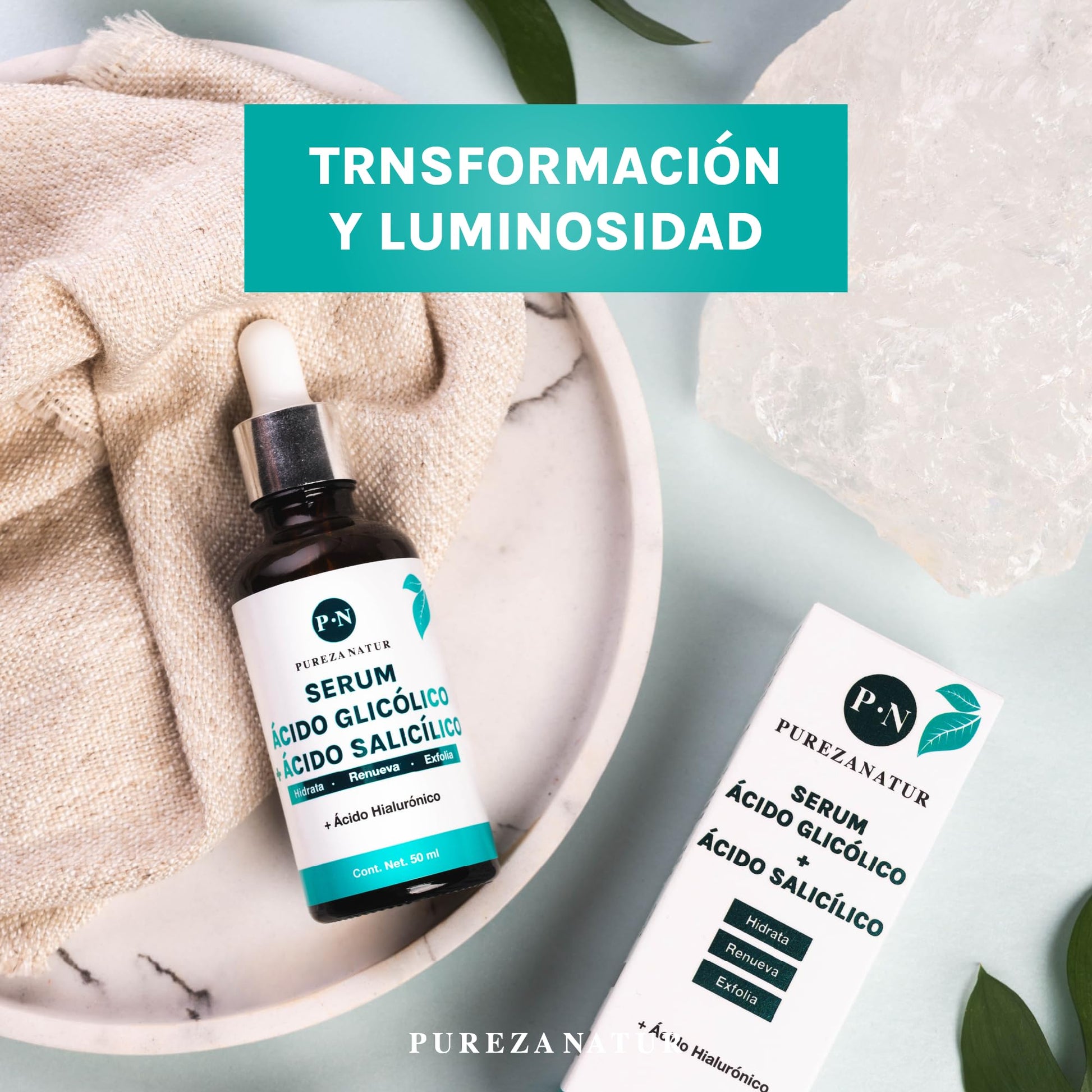 PUREZANATUR Serum facial Ácido glicólico + Salicílico hidratante 50ml | Suero antiedad con AHA, BHA, Acido hialurónico reductor de sebo skincare