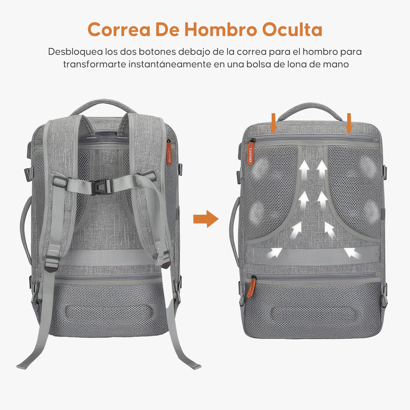 Mochila de Viaje 40L Avion Gris Resistente al Agua con Cubos de Embalaje para Hombres y Mujeres