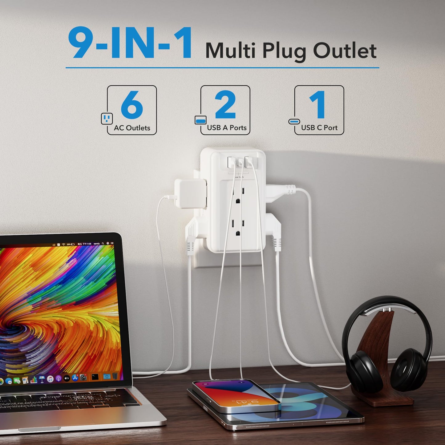 BN-LINK - Extensor de enchufe múltiple de 6 salidas de pared con 3 puertos de carga USB (1 USB C) Total 3.4A, divisor de 3 lados, enchufe de pared múltiple para hogar, oficina, recámara
