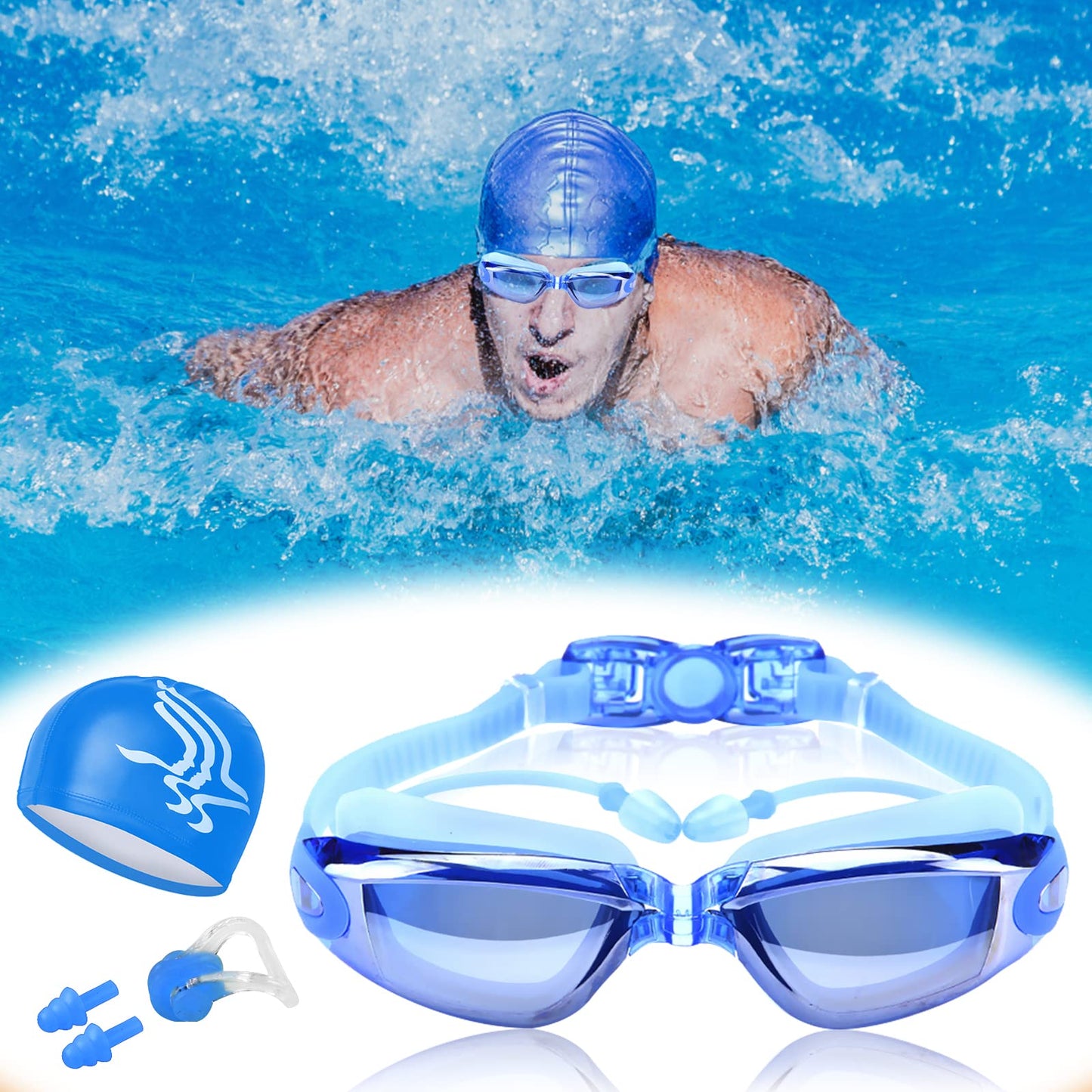Gafas de Natación, Kit de Natación 5 en 1, Incluye Gafas de Natación, Gorro de Natación, Auriculares y Clips para la Nariz, Bolsa de Natación, Adecuado para Hombres y Mujeres Adultos y Niños Azul