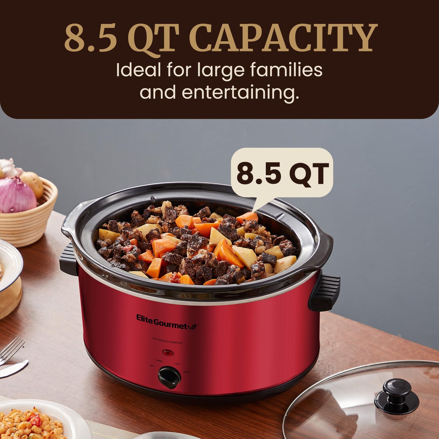 Elite Gourmet MST-900RXT# - Olla lenta de cerámica eléctrica XL, temperatura ajustable, entrantes, salsas, guisos y inmersiones, tapa de vidrio y vajilla aptas para lavaplatos, 8.5 cuartos de galón,