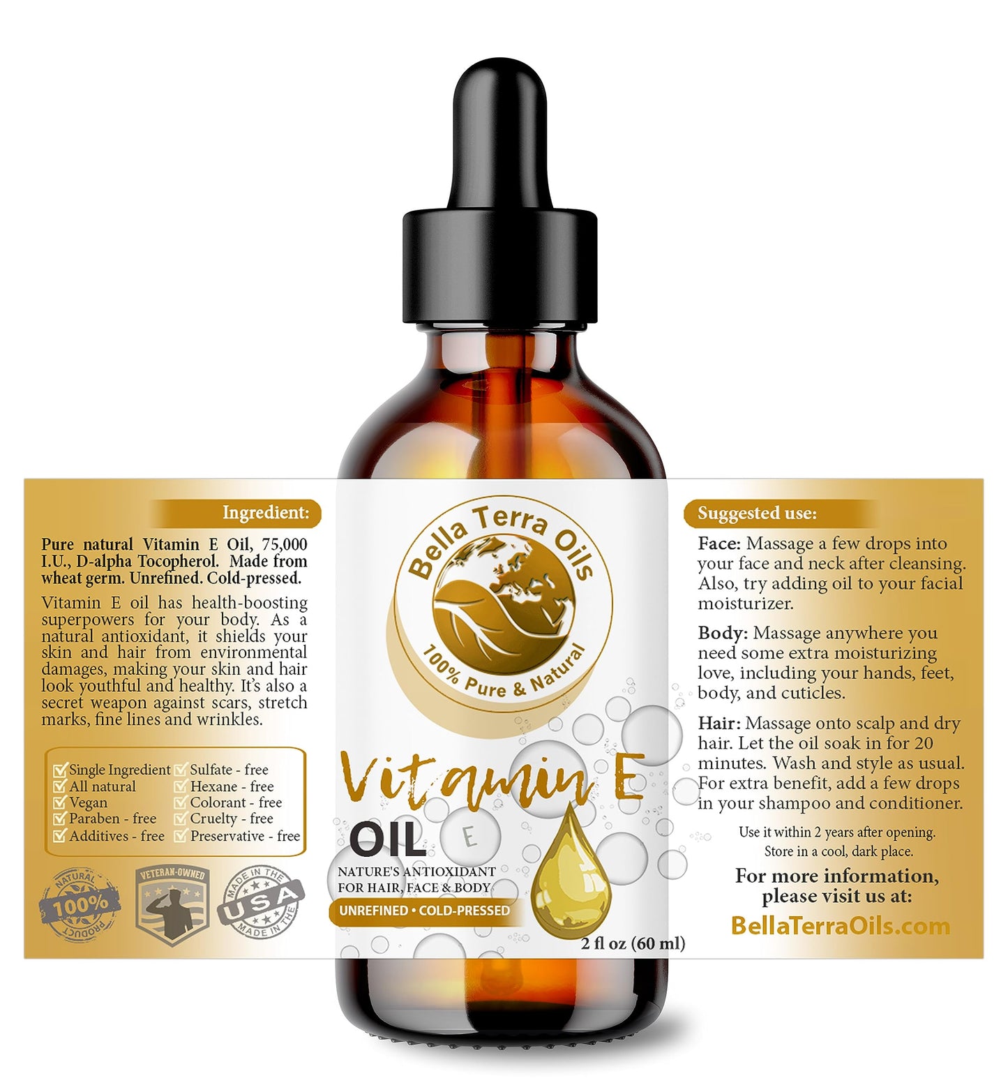 NEW Vitamin E Oil. 2oz. Cold-pressed. Unrefined. Organic. 100% Pure. D-alpha Tocopherol. 75,000 IU. Hexane-free. Rejuvenates Skin. Natural Antioxidant. For Hair, Skin, Nails, Stretch Marks, Scars.