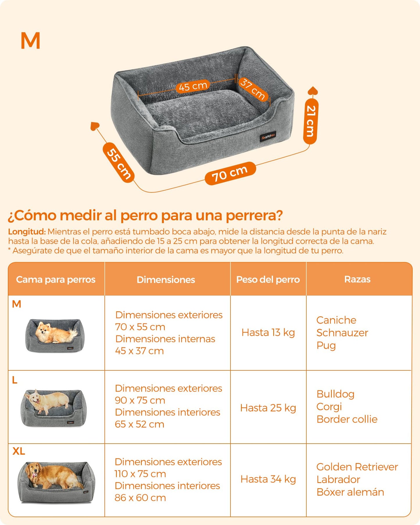 Feandrea Cama para Perros, Sofá para Mascotas, 70 x 55 x 21 cm, Bordes Elevados, M, para Perros Pequeños, Gris Claro MPGW10GG