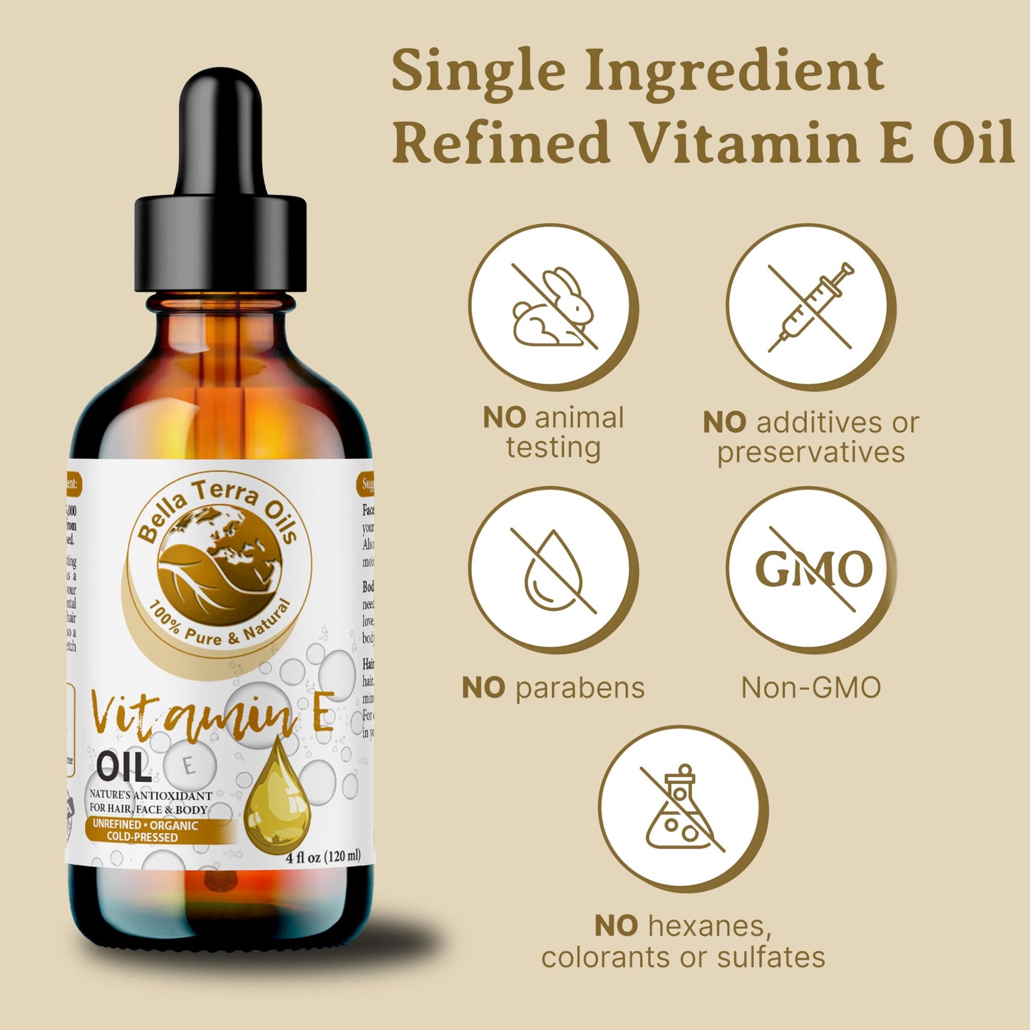 NEW Vitamin E Oil. 2oz. Cold-pressed. Unrefined. Organic. 100% Pure. D-alpha Tocopherol. 75,000 IU. Hexane-free. Rejuvenates Skin. Natural Antioxidant. For Hair, Skin, Nails, Stretch Marks, Scars.