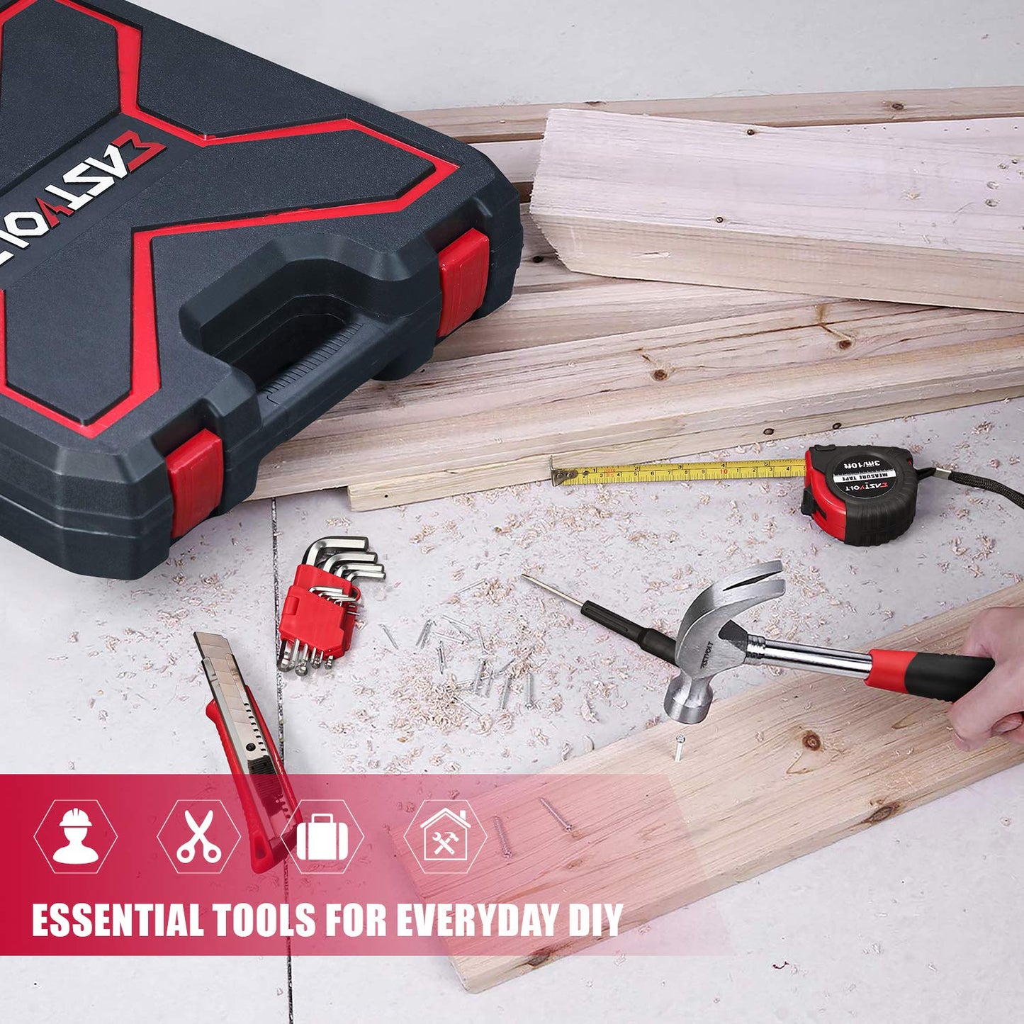 Eastvolt - Kit de herramientas para el hogar, juego de herramientas de reparación automática, kits de herramientas para propietario de casa, alicates, juego de destornilladores, kit de enchufes y caja