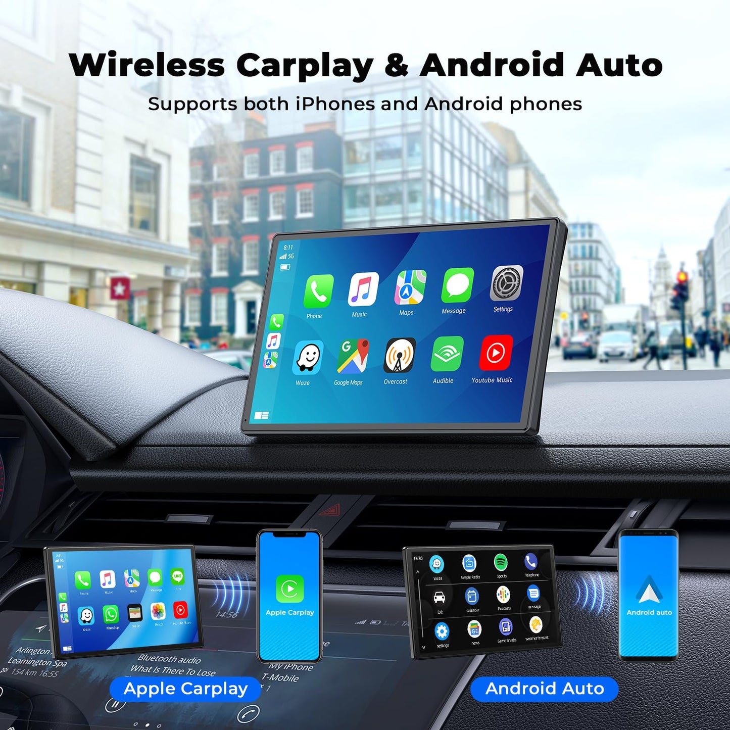 Pantalla Portátil Volam Negra CarPlay/Android Auto 9'' con Cámara de Reversa y Bluetooth Compatible con Todos los Vehículos