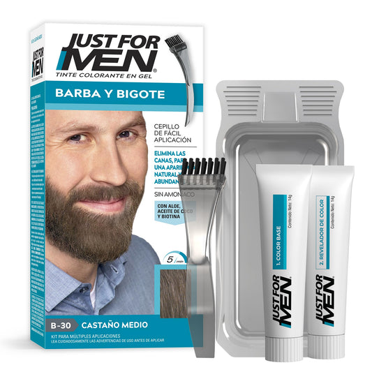 Just For Men Tinte Colorante en Gel Para Barba y Bigote,Castaño Medio B30, Sin Amoníaco,Con Cepillo De Fácil Aplicación, 66ml
