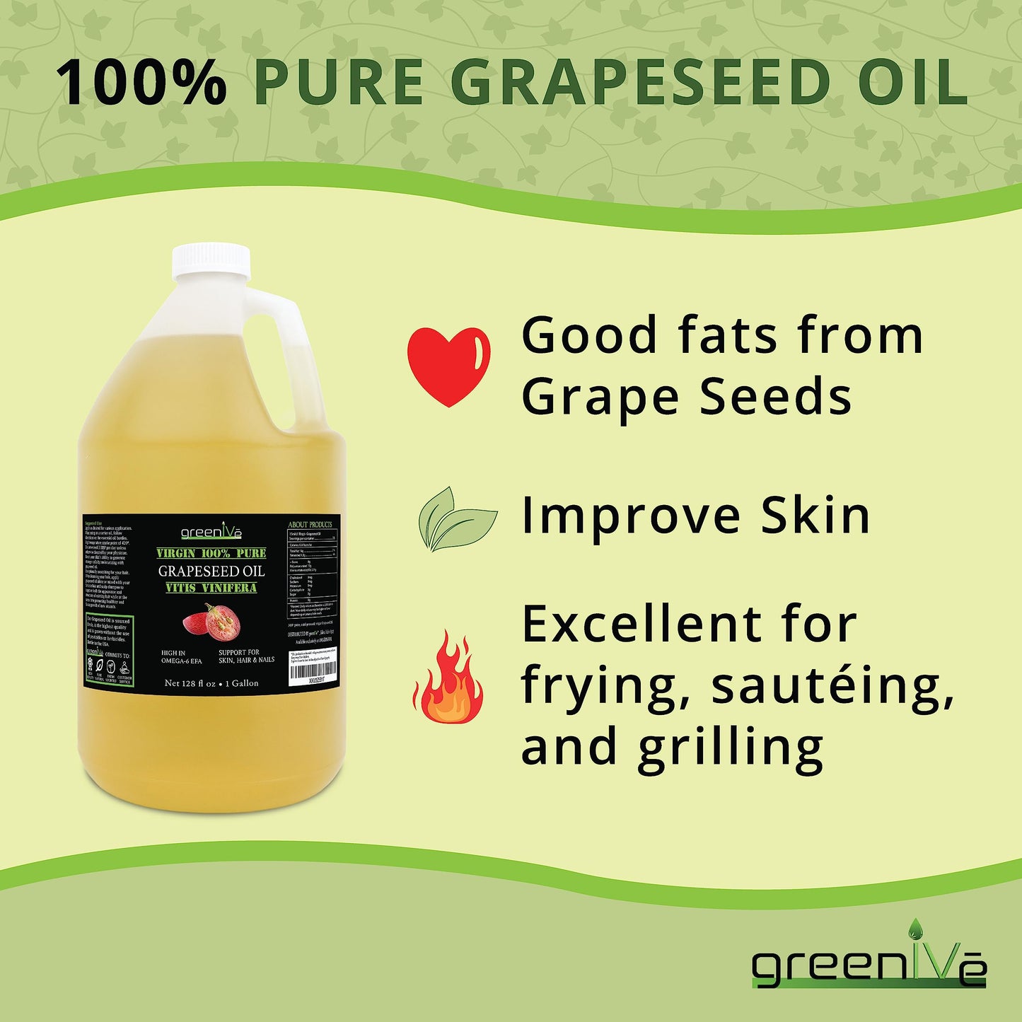 GreenIVe - Aceite de semilla de uva - Aceite de semilla de uva prensado en frío 100% puro - Exclusivamente en Amazon (128 onzas (1 galón))