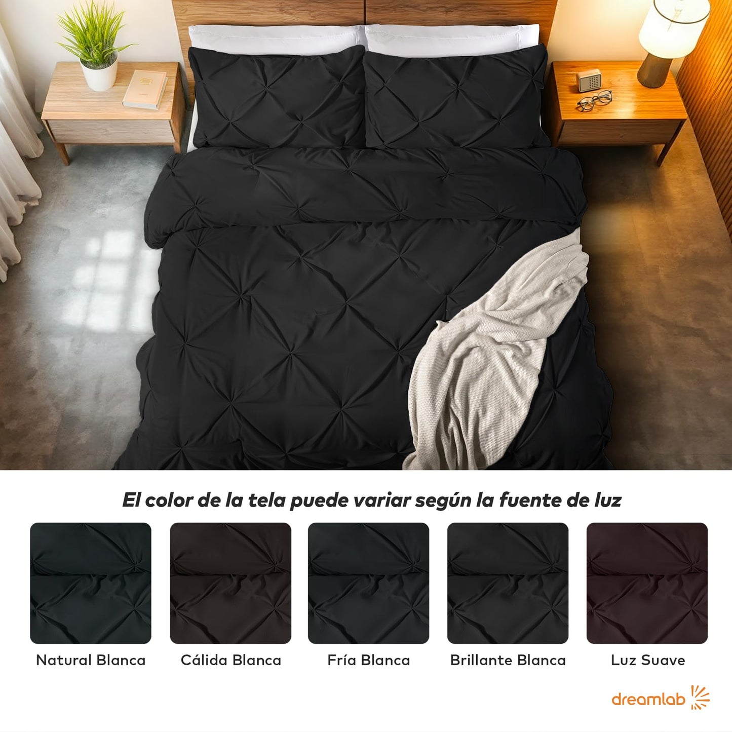 Juego Edredón Dreamlab Negro con Elegantes Pliegues y Funda de Almohada Hipoalergénico para Todo el Año 162x223cm Individual