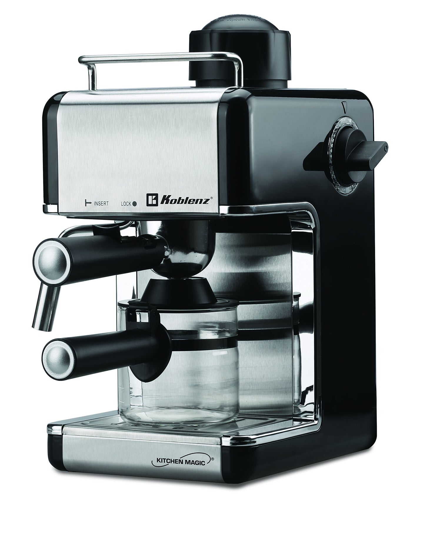Koblenz Cafetera Espresso y Cappuccino, 4 Tazas, 3.5 Bares de Presión, Potencia de 800 W, Sistema de Espuma para Café Cappuccino, Color Negro con Acero Inoxidable, CKM-650 EIN, 00-0603-00-1