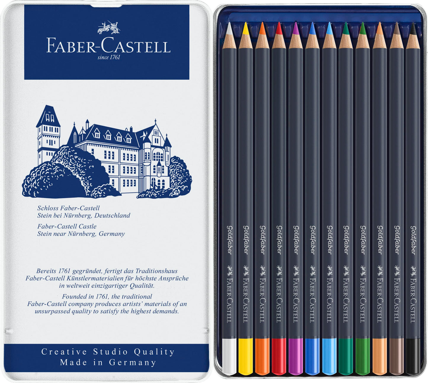 Faber-Castell Colores Goldfaber para Arte con 12 colores elaborados con excelente resistencia a la luz y a caídas, son ideales para artistas profesionales y aficionados que buscan proyectos creativos