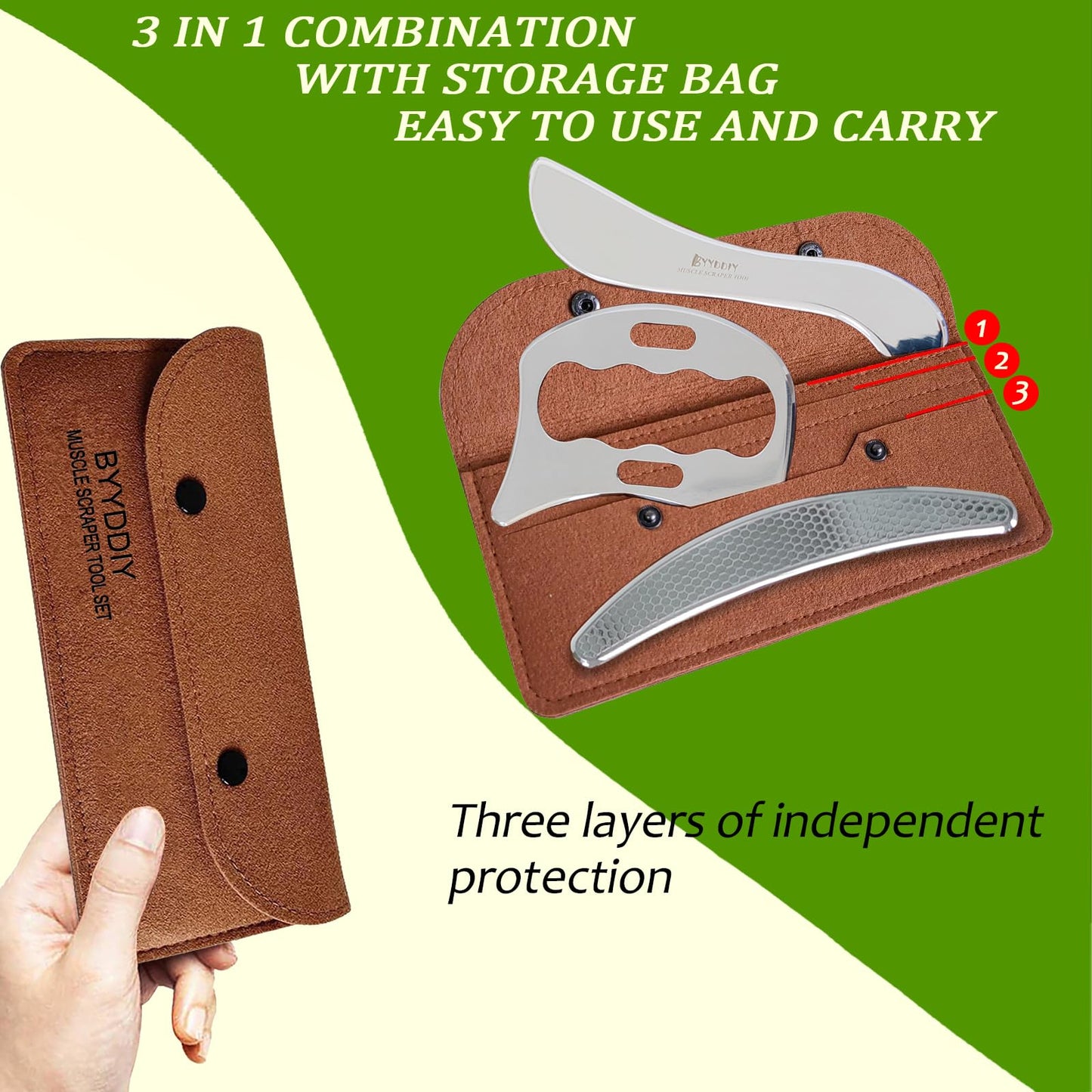 BYYDDIY - Juego de herramientas de raspador muscular de acero inoxidable 3 en 1, herramientas de masaje raspado para terapia física, Derma Edge y GuaSha raspador de masaje, herramientas IASTM,