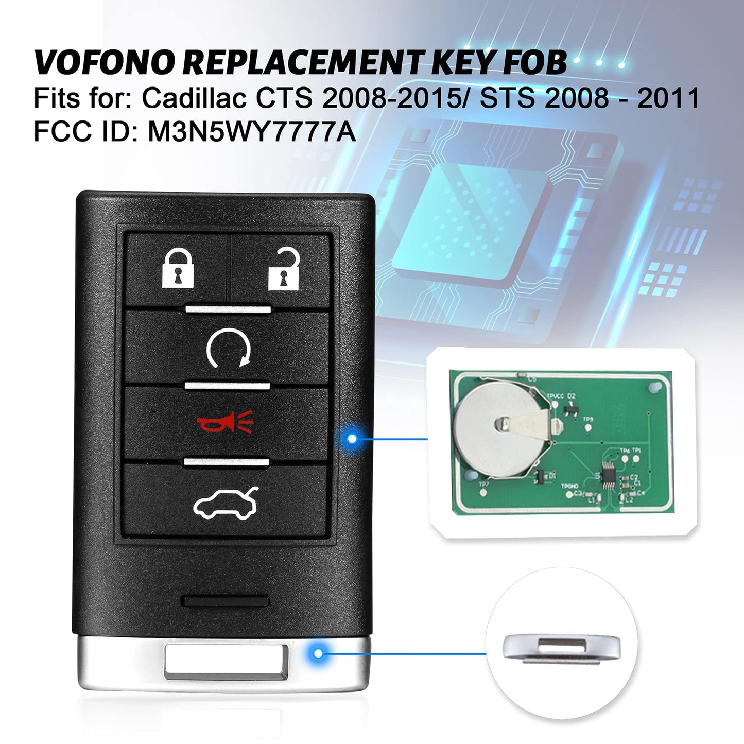 VOFONO - Llavero de repuesto inteligente para entrada sin llave compatible con Cadillac CTS 2008-2015/STS 2008-2011 (FCC ID: M3N5WY777A) 5 botones