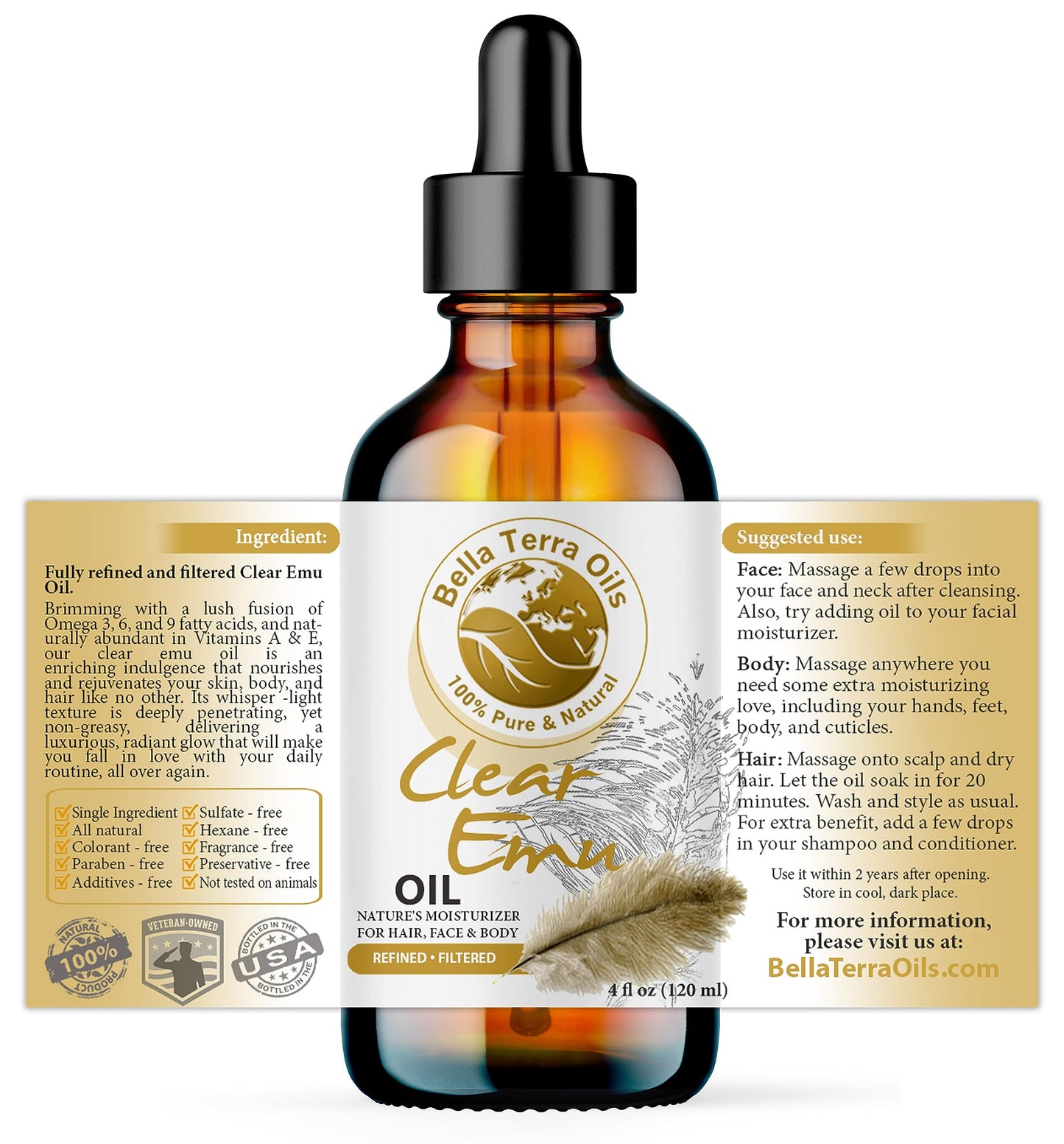 NEW Ultra Clear Emu Oil. 4oz. Australian. Fully Refined. Organic. 100% Pure. Anti-inflammatory. Hexane-free. Soothes Skin. Promotes Hair Growth. Natural Moisturizer. For Hair, Skin, Stretch Marks.