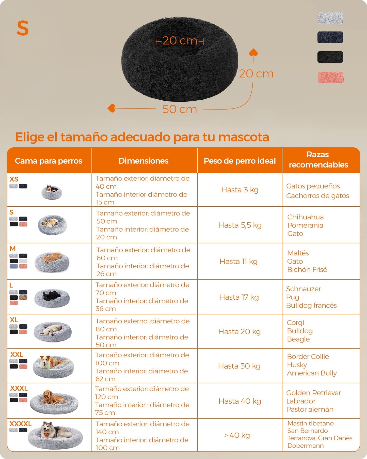 Feandrea Cama de Perros, Cama para Mascotas, Diámetro de 50 cm, Cojín Central Extraíble y Lavable, Alfombra de Felpa, Negro Tinta MPGW037B01
