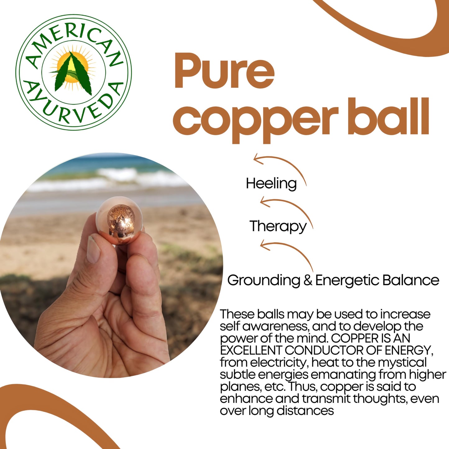American Ayurveda - Bola de cobre puro, aporta integridad y pensamiento claro con energía natural meditación Dia orbe esfera, obtén agilidad mental terapia de movimiento a tierra con orbe de cobre, 2