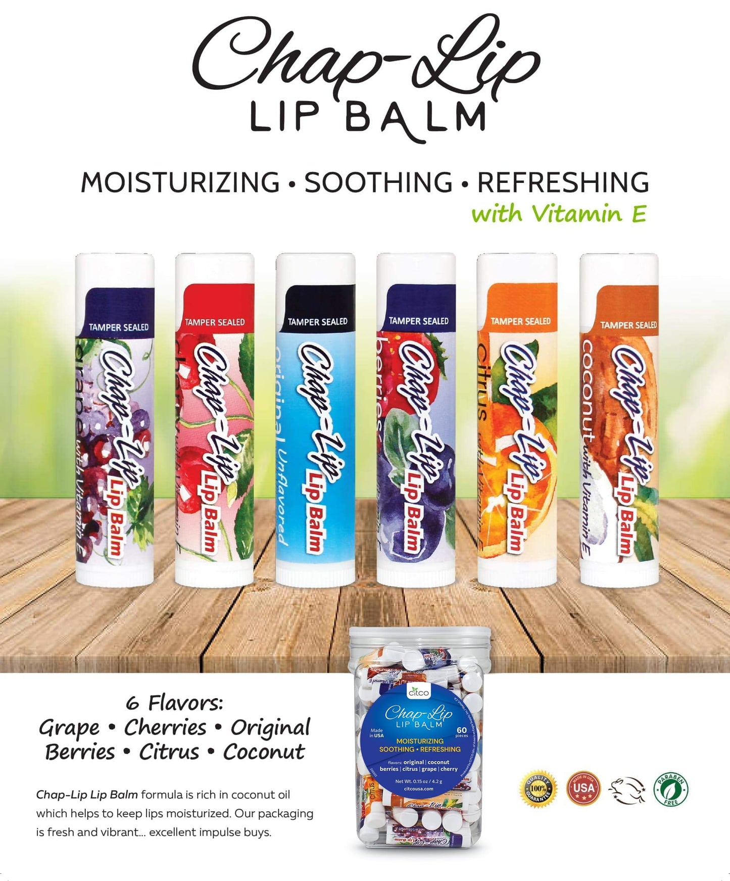 Chap-Lip Lip Balm Chap-Lip Bálsamo labial de vitamina E con aceite de coco, tratamiento hidratante de labios, hidratante, calmante, refrescante, tratamiento de hidratación total y terapia de labios, surtido de 6 sabores refrescantes, 48 unidades