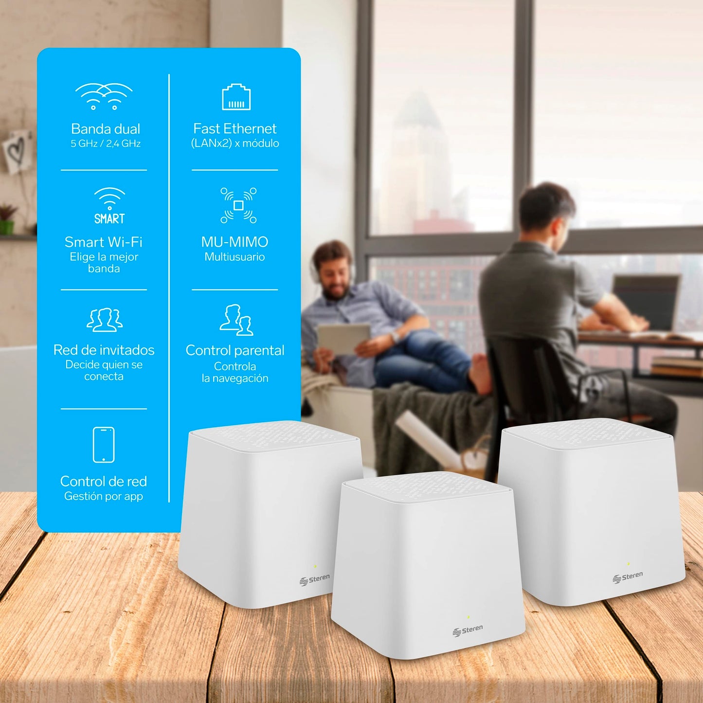 STEREN MESH-300 Sistema Smart Wi-Fi Mesh Triple, 2,4 GHz y 5 GHz (B/G/N/A/AC/V/R), hasta 900 Mbps, 2 Puertos LAN Fast Ethernet por Cada módulo, Color Blanco, gestión Desde App