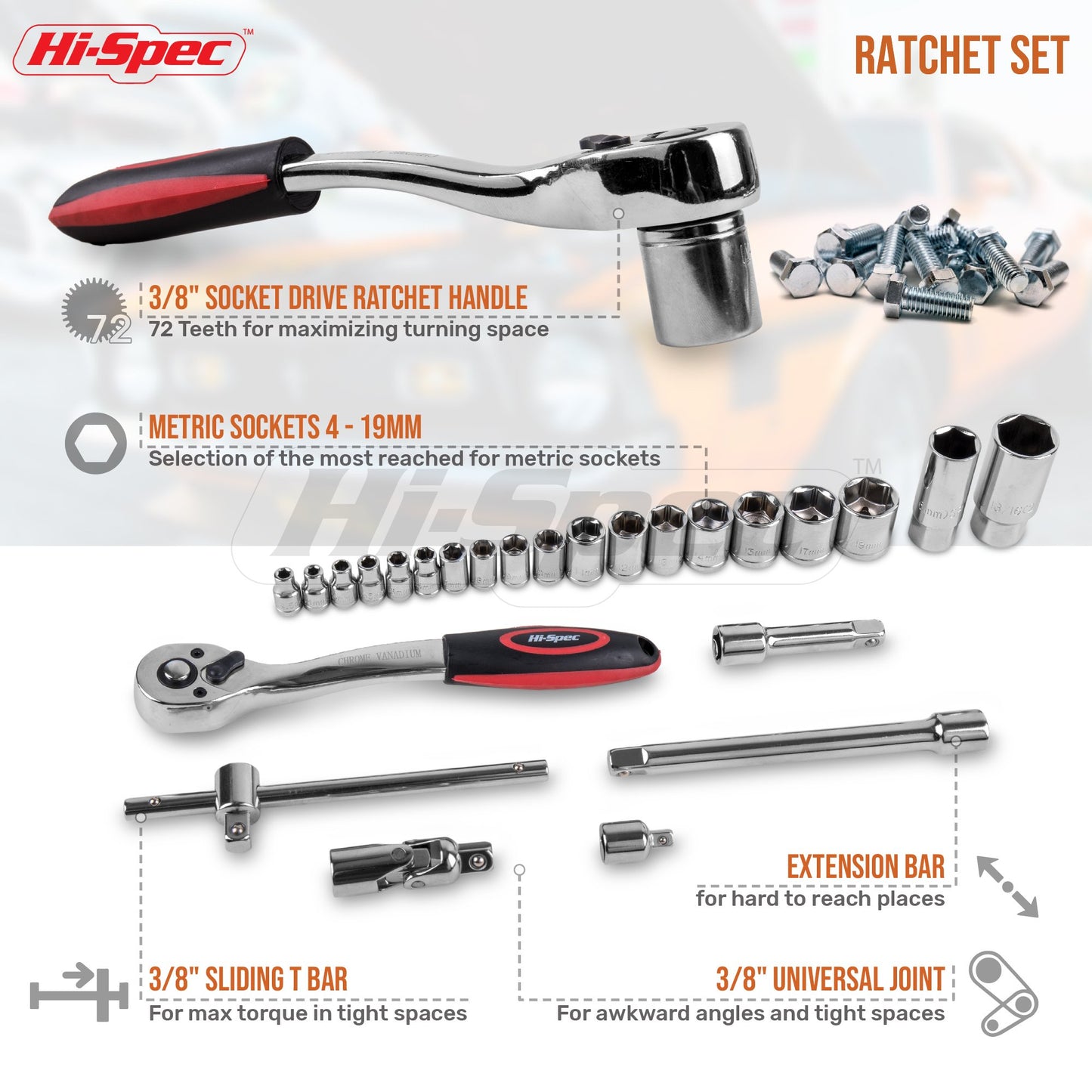 Hi-Spec Juego de Herramientas para Mecánica Automotriz de 67 Piezas. Herramientas Manuales de Bricolaje para Reparación y Mantenimiento de Automóviles, Bicicletas, y Motos. con Maletin de Transporte