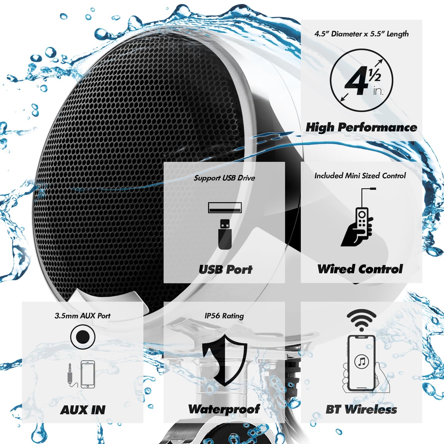 GoHawk AN4-X Amplificador Todo en uno de 2 Canales 4.5 "Altavoces estéreo Bluetooth Impermeables de Rango Completo para Motocicleta Sistema de Amplificador de Audio USB para 1-1.25" Bar Harley