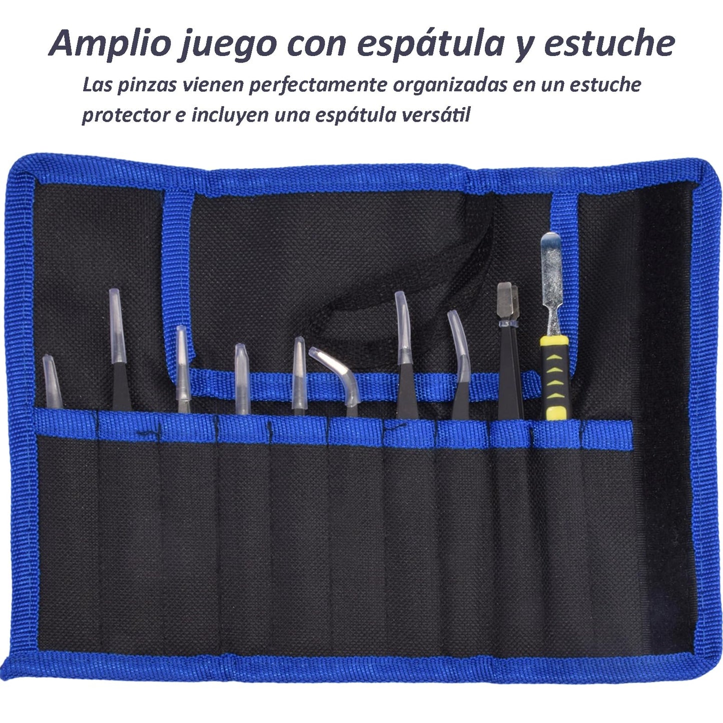 KASIKAI Kit de 10 Tweezers y Pinzas de Precisión ESD Antiestáticas - Chazón Profesional, Acero Inoxidable con Palanca Metálica + Maletín Oxford (Electrónica/Laboratorio/Joyería/Depilar)
