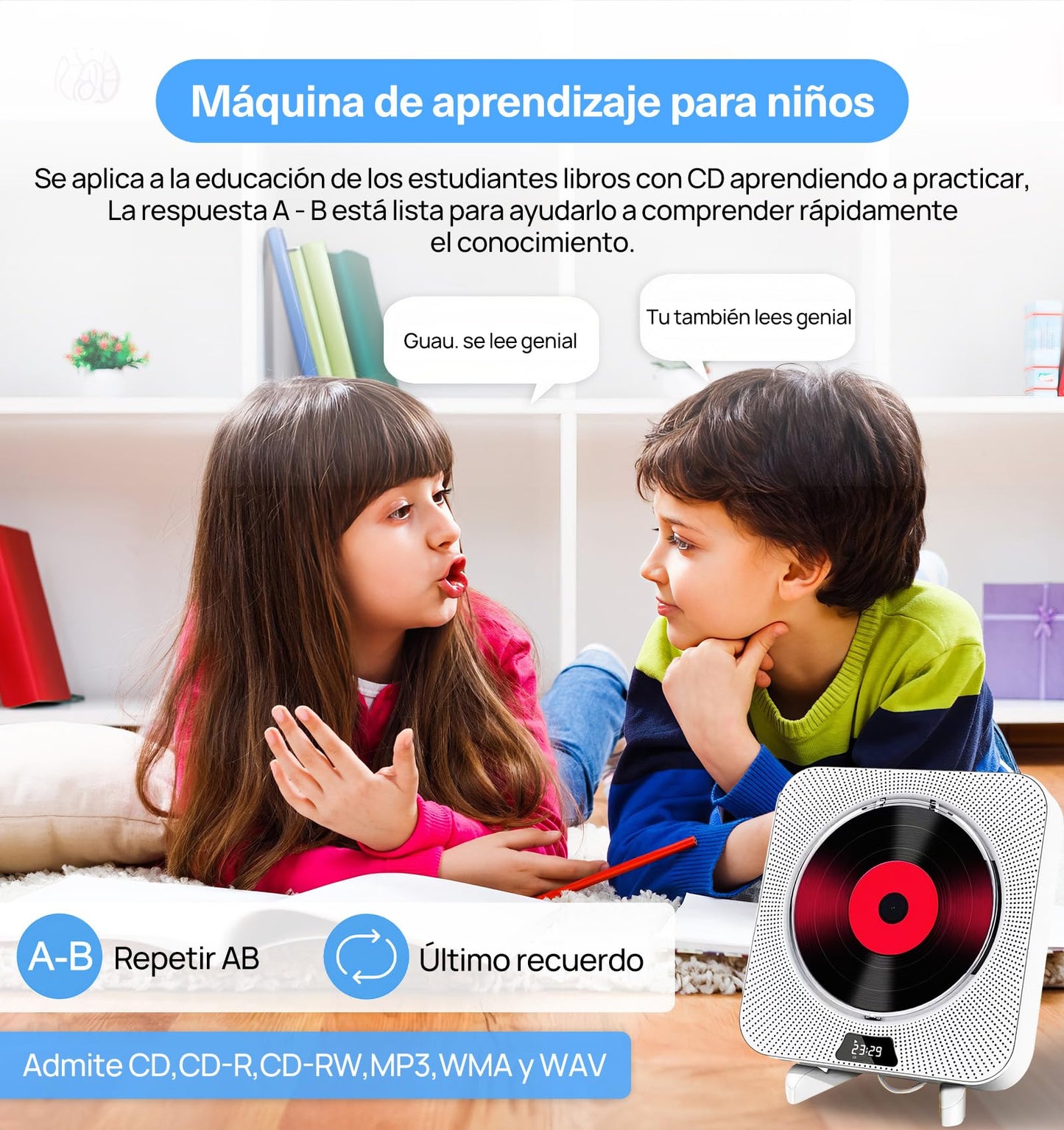 ECYWE Reproductor de CD Portátil Bluetooth,CD Player Montaje en Pared con Control Remoto,Cubierta Contra el Polvo,Pantalla LCD,Altavoces HiFi Integrados,Radio FM,Soporte CD/MP3/USB/AUX, Entrada Salida