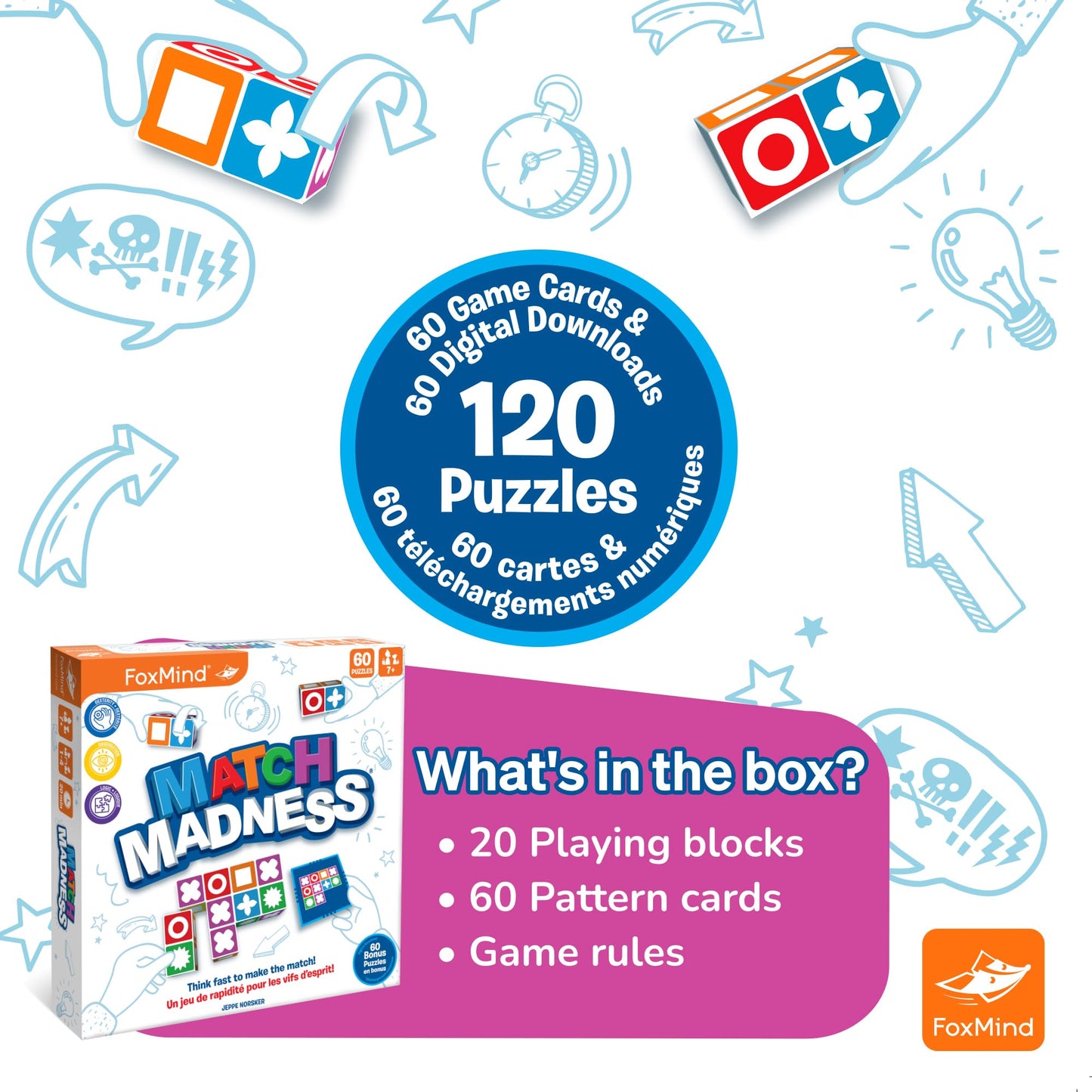 FoxMind Juegos: Match Madness, un juego de rompecabezas a juego, Think Fast to Make the Match, desarrolla habilidades rápidas de resolución de problemas, habilidades motoras finas, juega con hasta 4 jugadores, para edades de 7 años en adelante