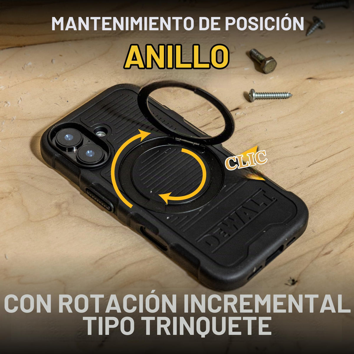 Anillo Magnético Giratorio DEWALT Negro Resistente contra Caídas para iPhone 16 Series
