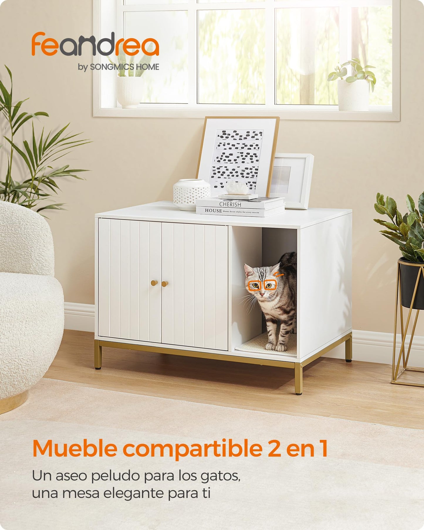 Feandrea Mueble Arenero, Mueble de Caja Arenero para Gatos,con Alfombrilla Rascadora, Patas Altas, 80 x 50 x 55 cm, Blanco y Dorado MPCL007W01
