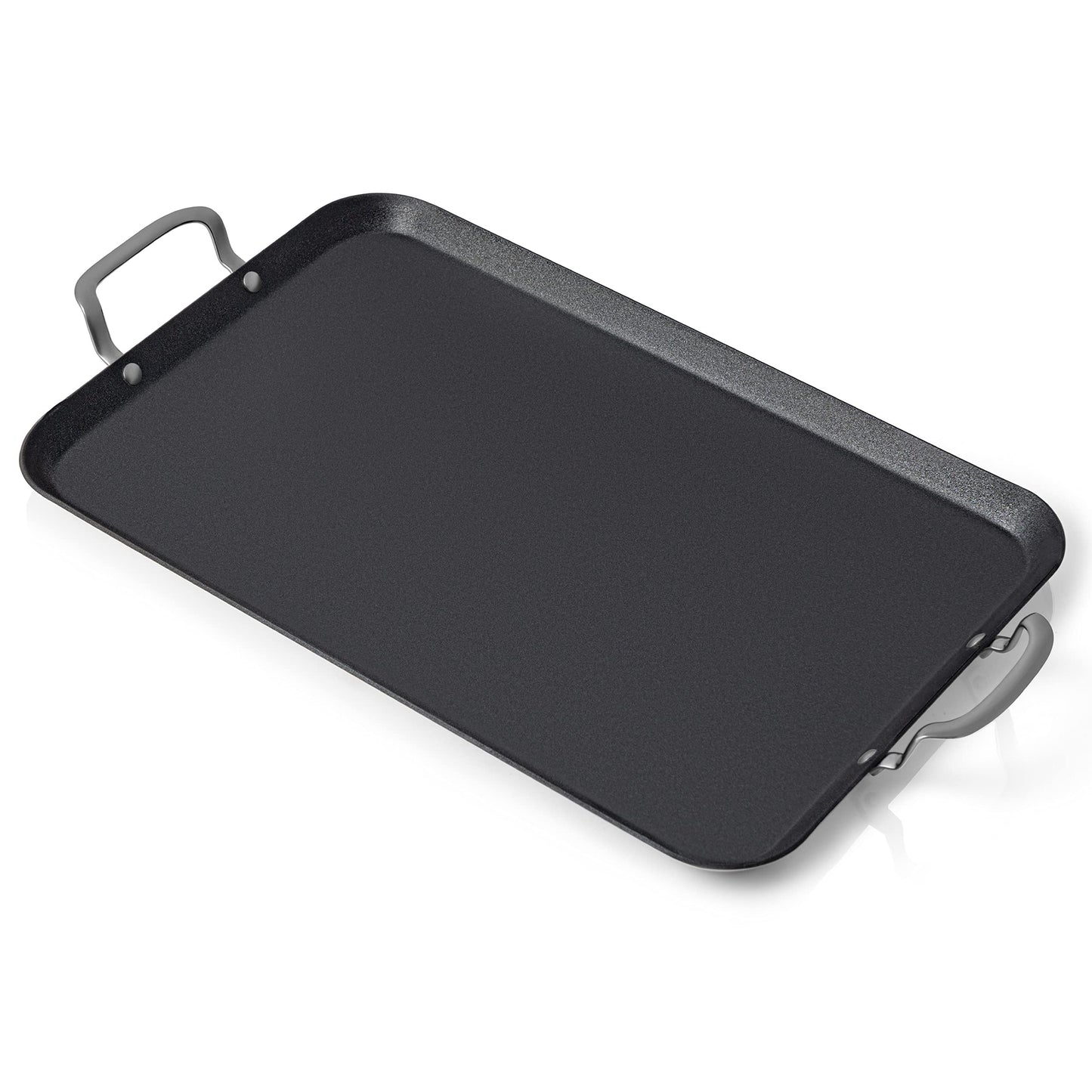 Chef's Secret - Plancha antiadherente de acero inoxidable para estufa, doble quemador, sartén para panqueques con parte superior plana, asas laterales remachadas, bordes de labios elevados, 18 x 11.25
