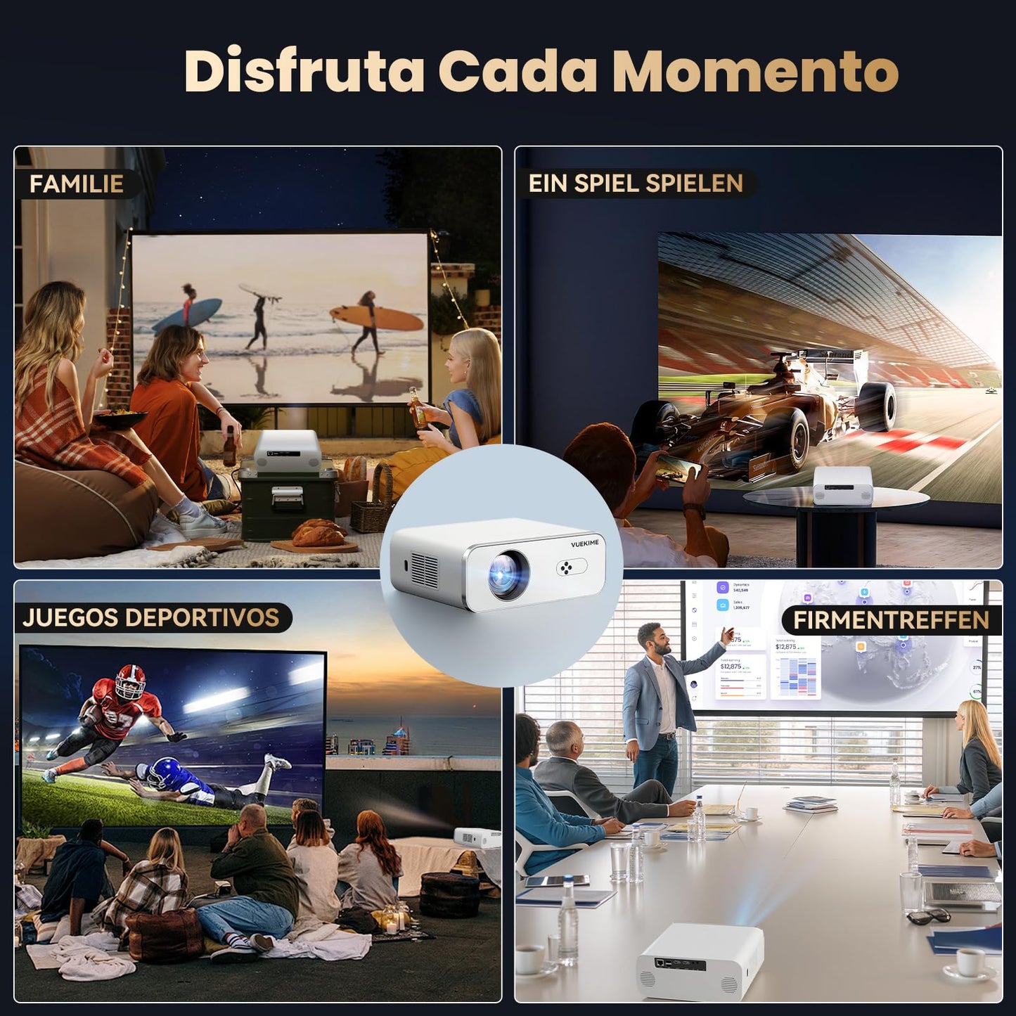 VUEKIME 【Enfoque Automático/1000ANSI】 Proyector 4K Pro Portátil, Android 12.0, Silencioso, 300 Pulgadas, 40000 Lúmenes, Soporte 4K, 2.4/5GHz WiFi 6, Bluetooth 5.2, Compatible con iOS/Android/PC/PS5
