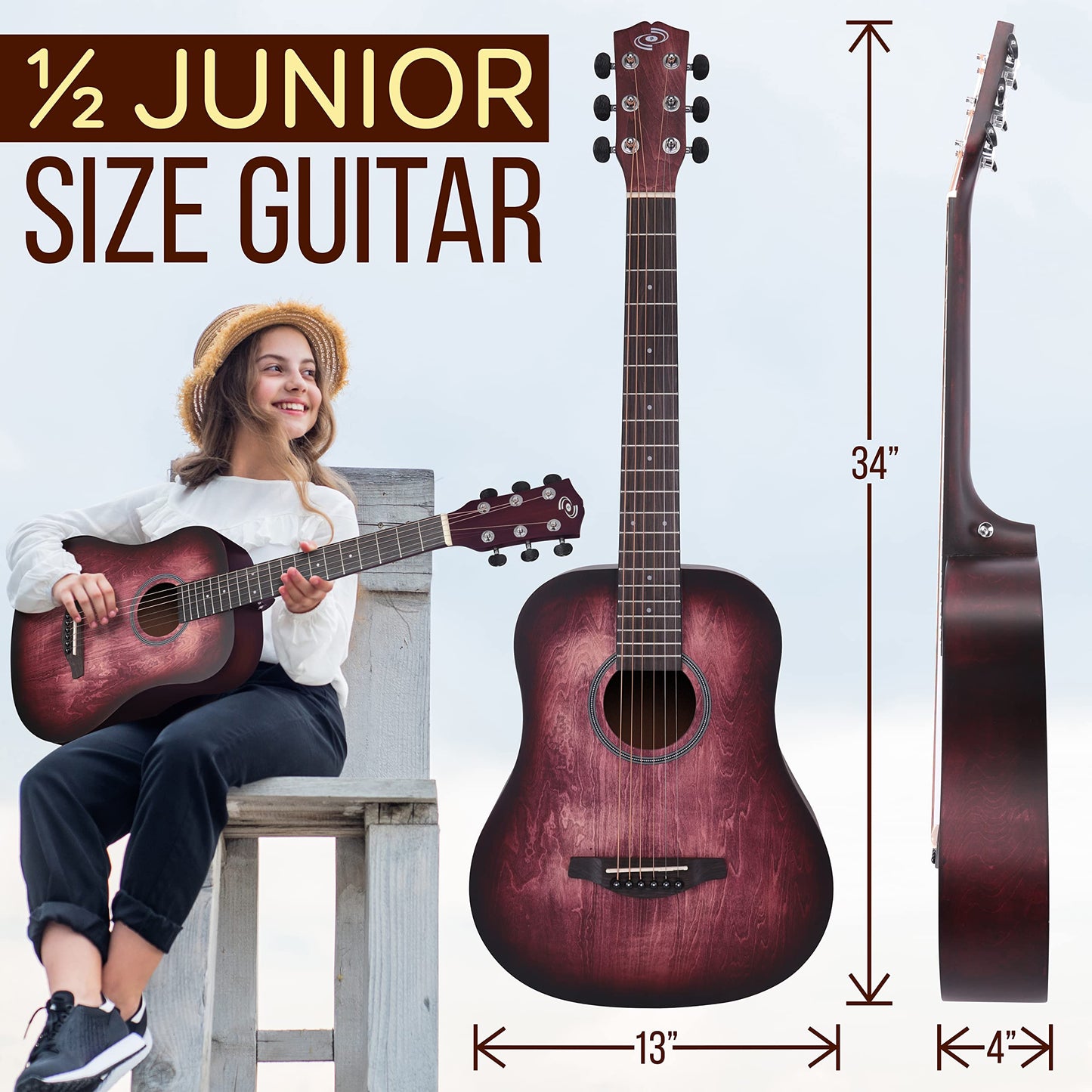 Pyle - Kit de guitarra acústica, 1/2 tamaño junior, instrumento de cuerda de acero de madera para niños principiantes, adultos, 34 pulgadas, color carmesí Burst mate
