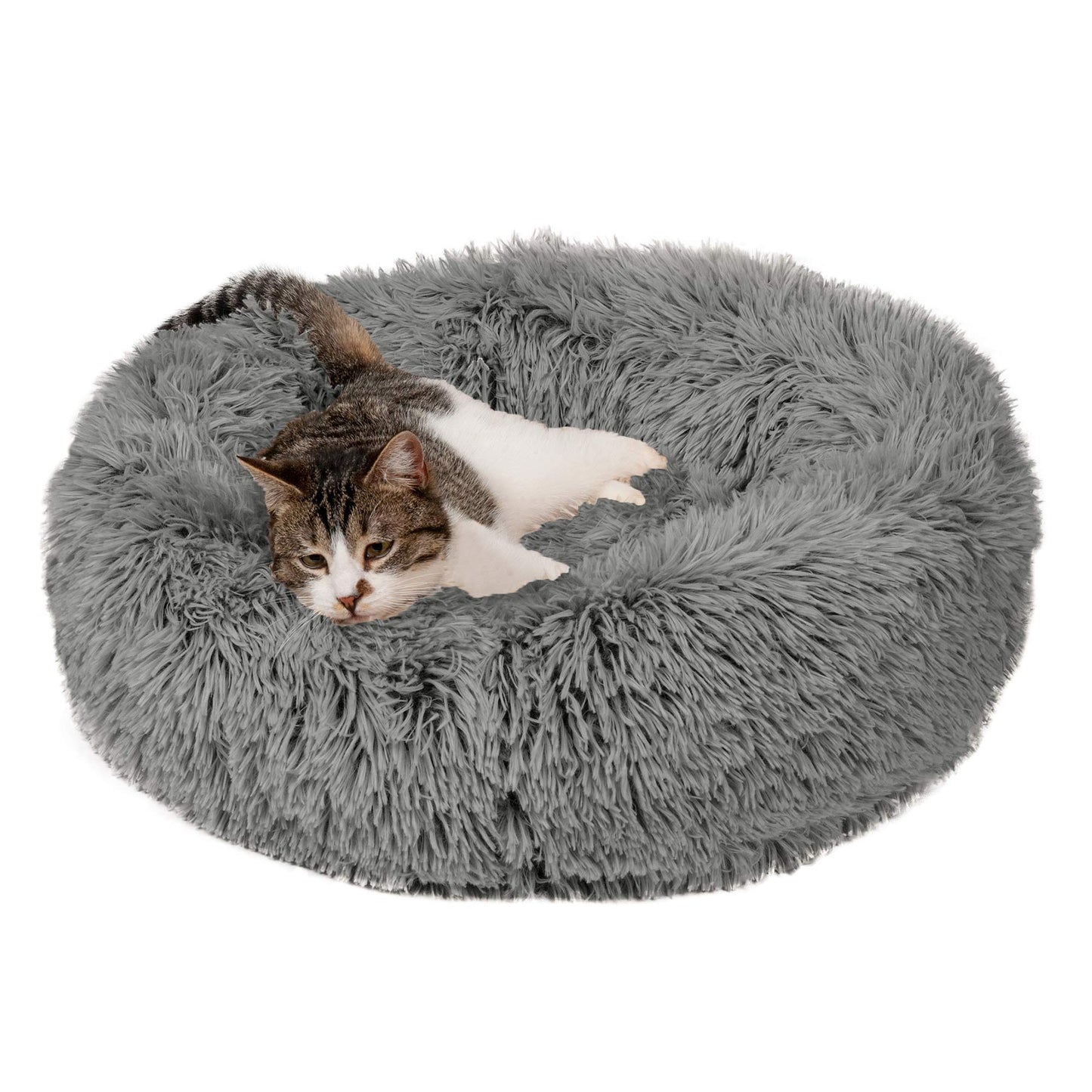 Furhaven 23" Round Small Donut Dog Bed Plush Long Faux Fur Calming Cuddler, Washable - Gray, Small