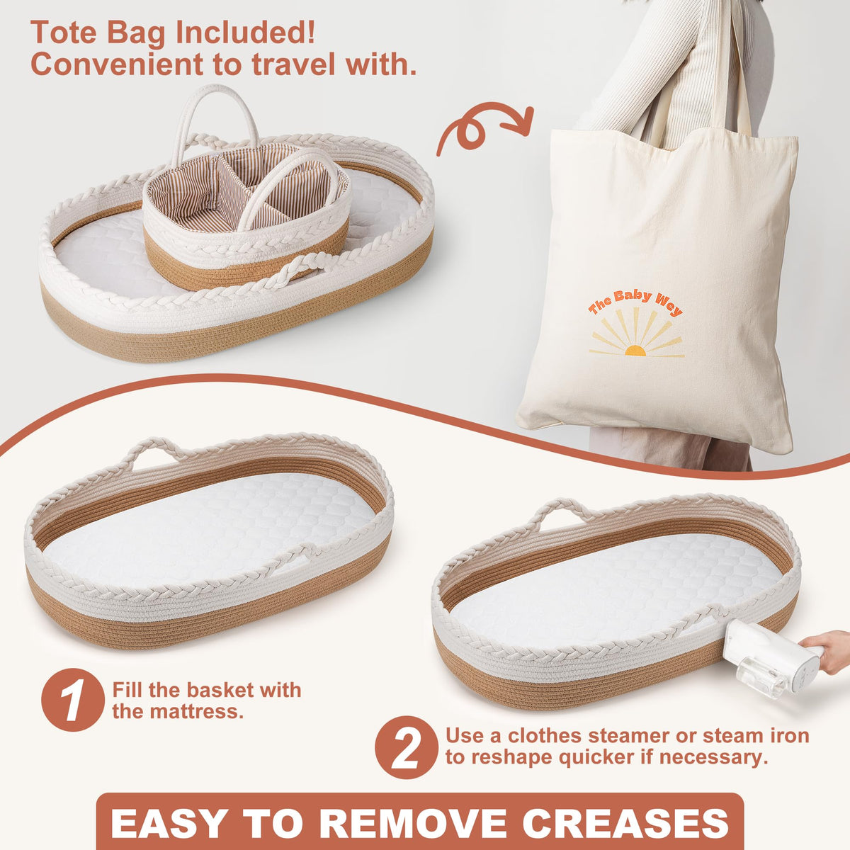 Moses Basket by The Baby Wey, cestas de Moses para recién nacido, cesta cambiadora de bebé, 2 fundas impermeables lavables para almohadillas para orejas, cesta de pañales, bolsa de mano, cambiador