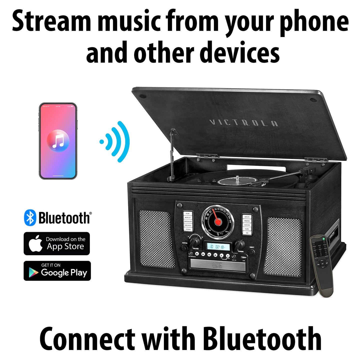 Reproductor de Discos Victrola Bluetooth clásico 8 en 1 Navigator con Codificación USB y Tocadiscos de 3 Velocidades