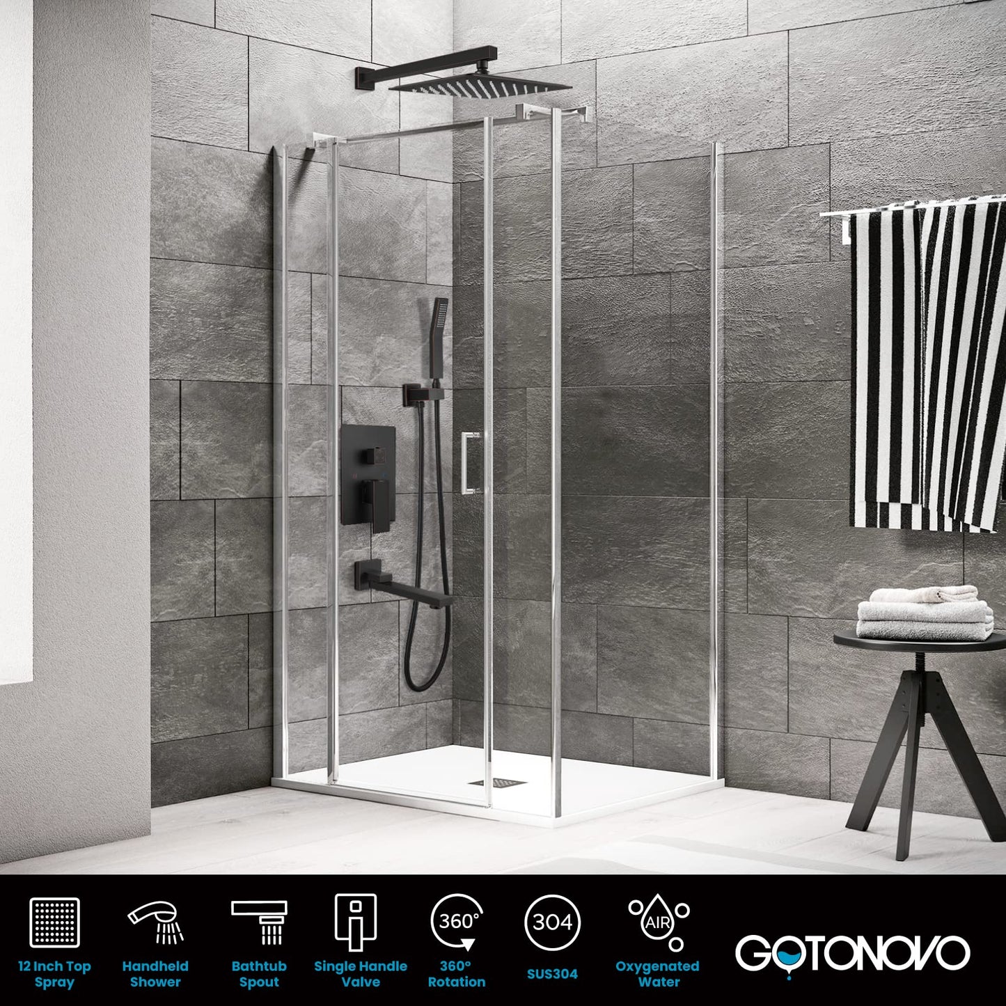 gotonovo Juego de grifo de ducha de bronce aceitado con triple función de montaje en pared sistema de ducha de 30,48 cm con boquilla de bañera de alta presión cuadrado de ducha de mano de equilibrio válvula de entrada áspera
