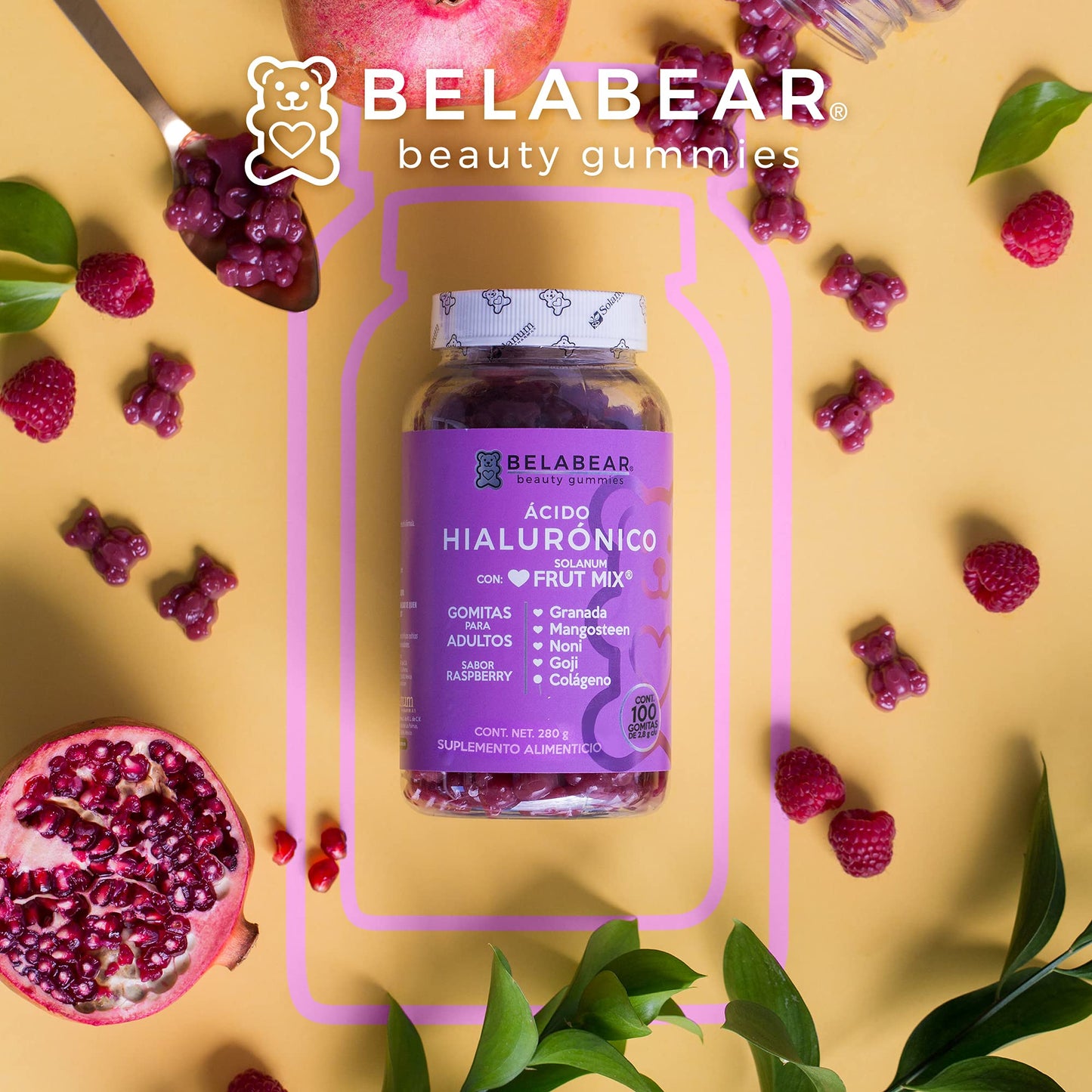 Belabear Ácido Hialurónico - Sabor Frambuesa - Granada, Mangosteen, Noni, Goji, Colágeno - 100 Gomitas